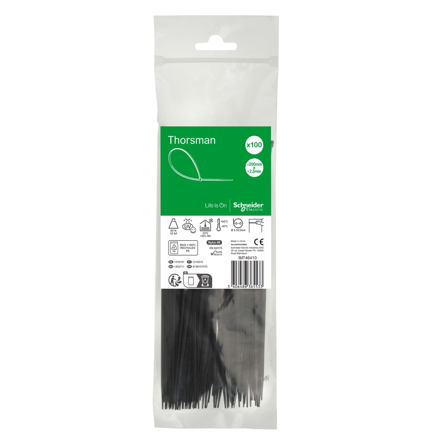 SCHNEIDER ELECTRIC - Accessori, Mureva Tube & Fix, Fascette di Cablaggio, 200x2.5mm, nero - [prezzo per 100 pz]