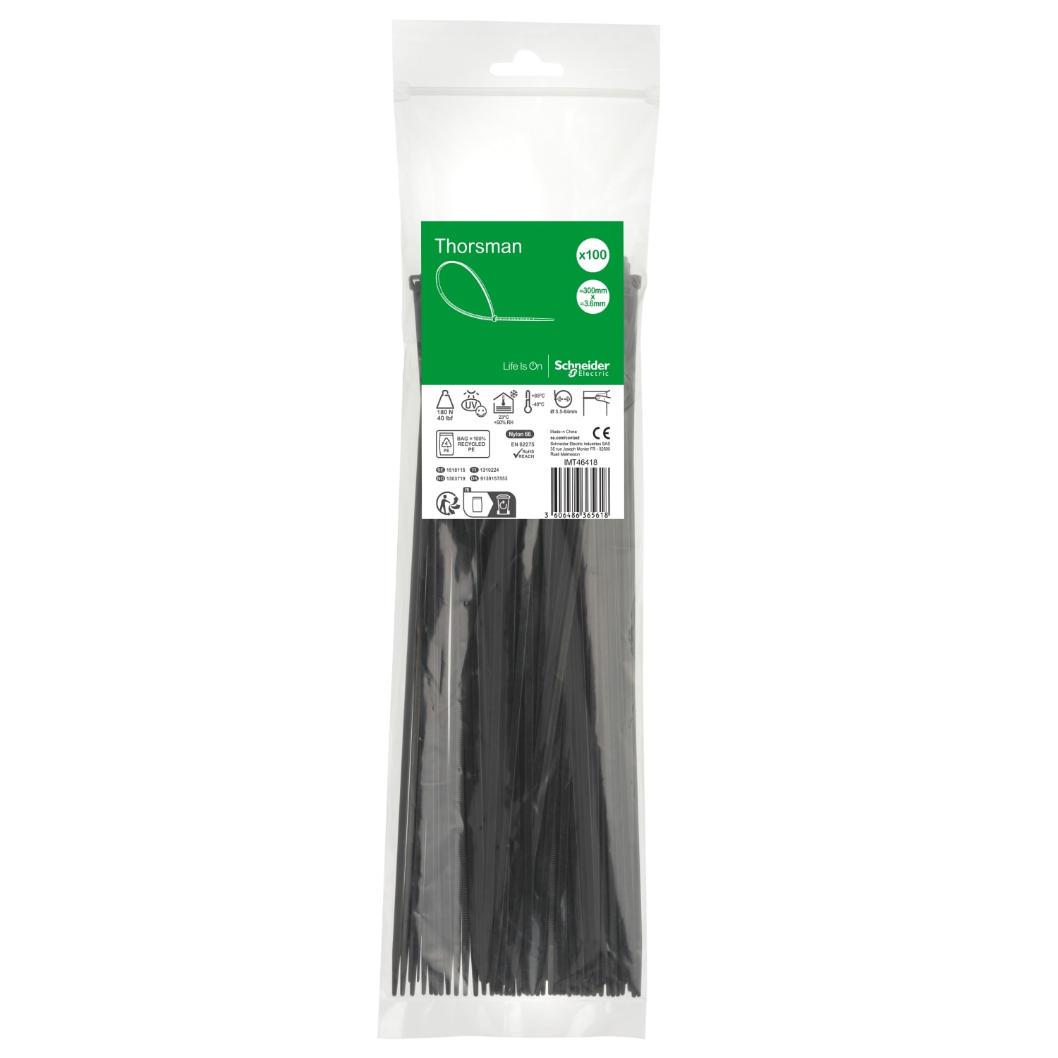 SCHNEIDER ELECTRIC - Accessori, Mureva Tube & Fix, Fascette di Cablaggio, 300x3.6mm, nero - [prezzo per 100 pz]