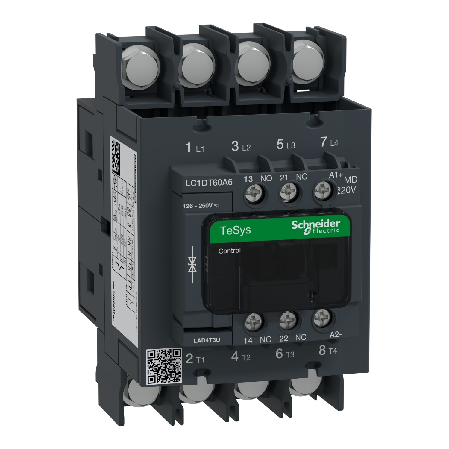 SCHNEIDER ELECTRIC - Contactor, TeSys Deca, 4P(4 NO), AC-1, <=440V, 60A, 220VDC standard coil, lugs-ring terminals