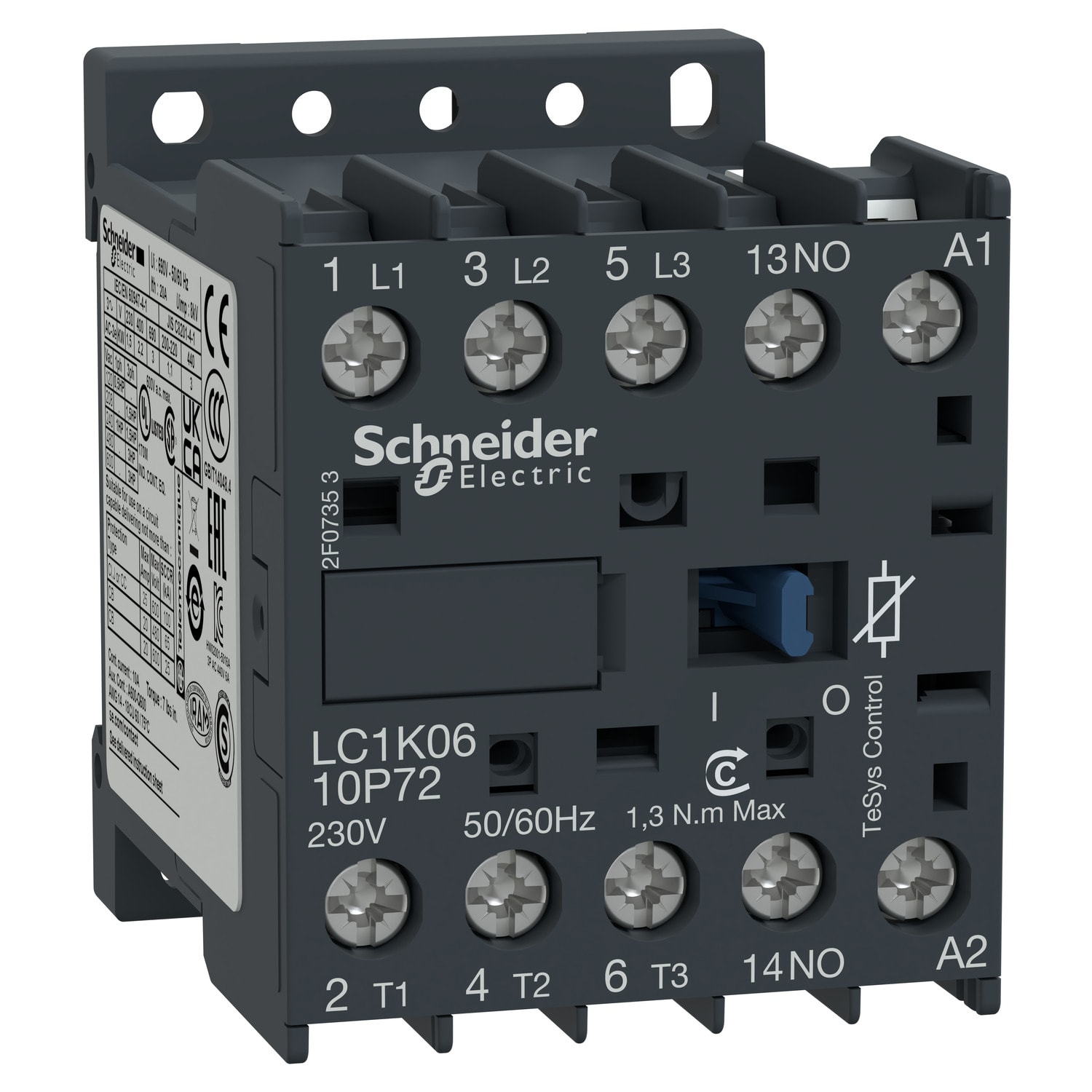 SCHNEIDER ELECTRIC - Contactor, TeSys K, 3P, AC-3/AC-3e,440V 6A, 1NO aux, 110V AC coil