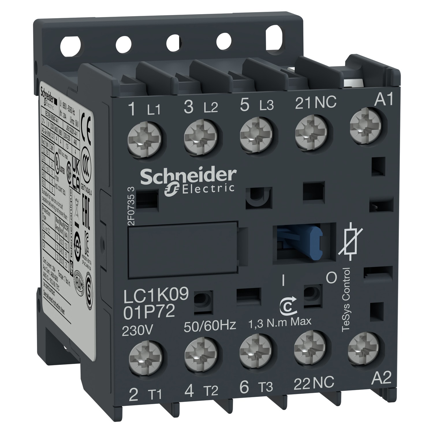 SCHNEIDER ELECTRIC - Contactor, TeSys K, 3P, AC-3/AC-3e,440V 9A, 1NC aux, 230V AC coil, with integral suppression device
