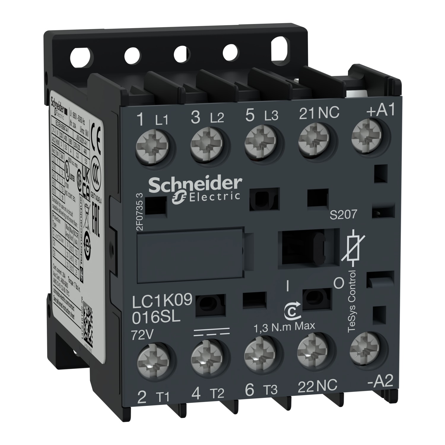 SCHNEIDER ELECTRIC - Contattore, TeSys K, 3P, AC-3 <=440V 9A, 1NO ausiliario,bobina basso assorbimento 72V DC