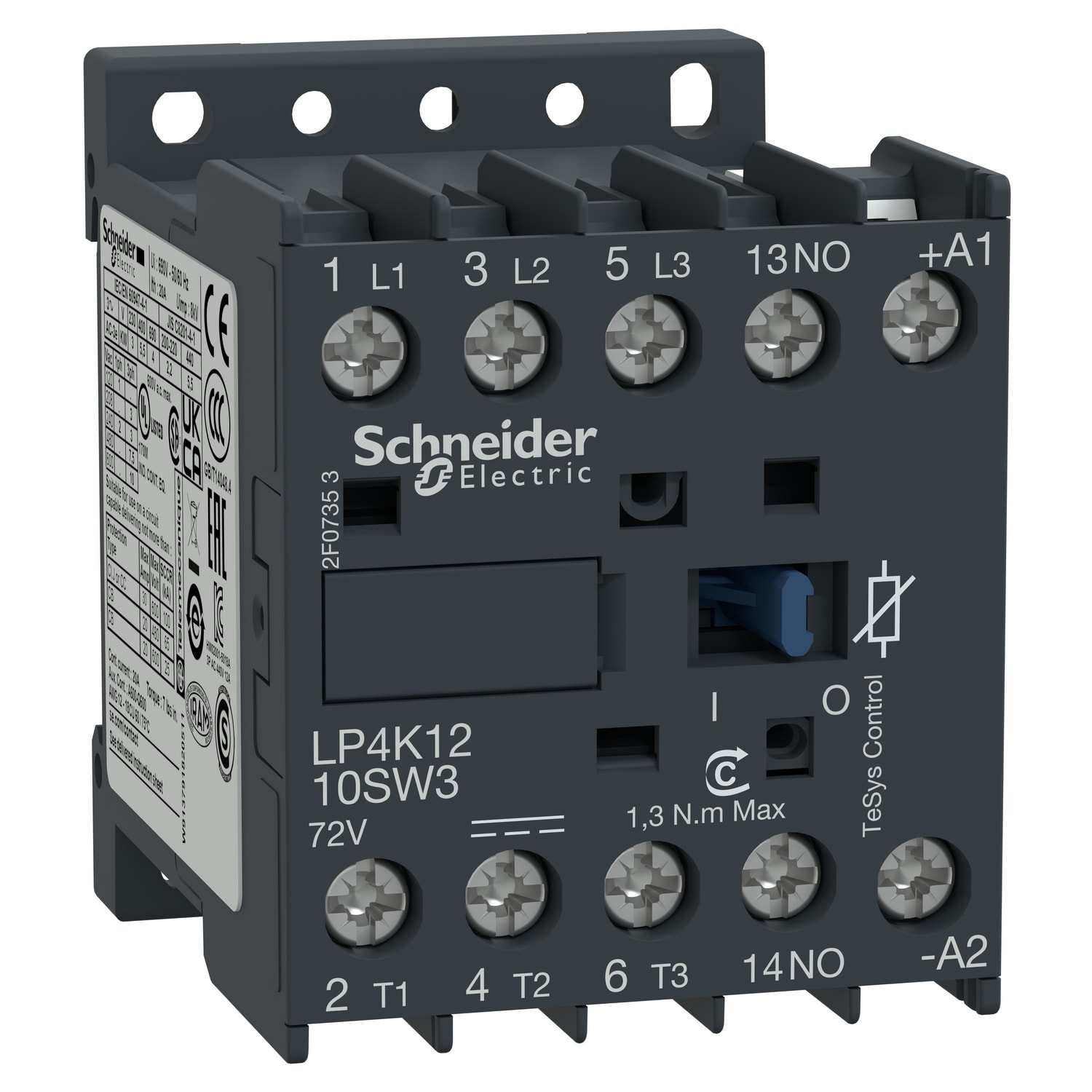 SCHNEIDER ELECTRIC - Contactor, TeSys K, 3P, AC-3/AC-3e, 440V, 12A, 1NO aux, 72V DC low consumption coil