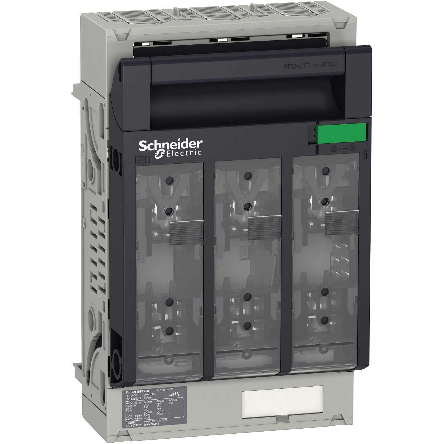 SCHNEIDER ELECTRIC - Interruttore-sezionatore con fusibili, FuPact, FuPacT ISFT250, 250A, DIN NH1, 3 poli, mont. aggancio 60mm
