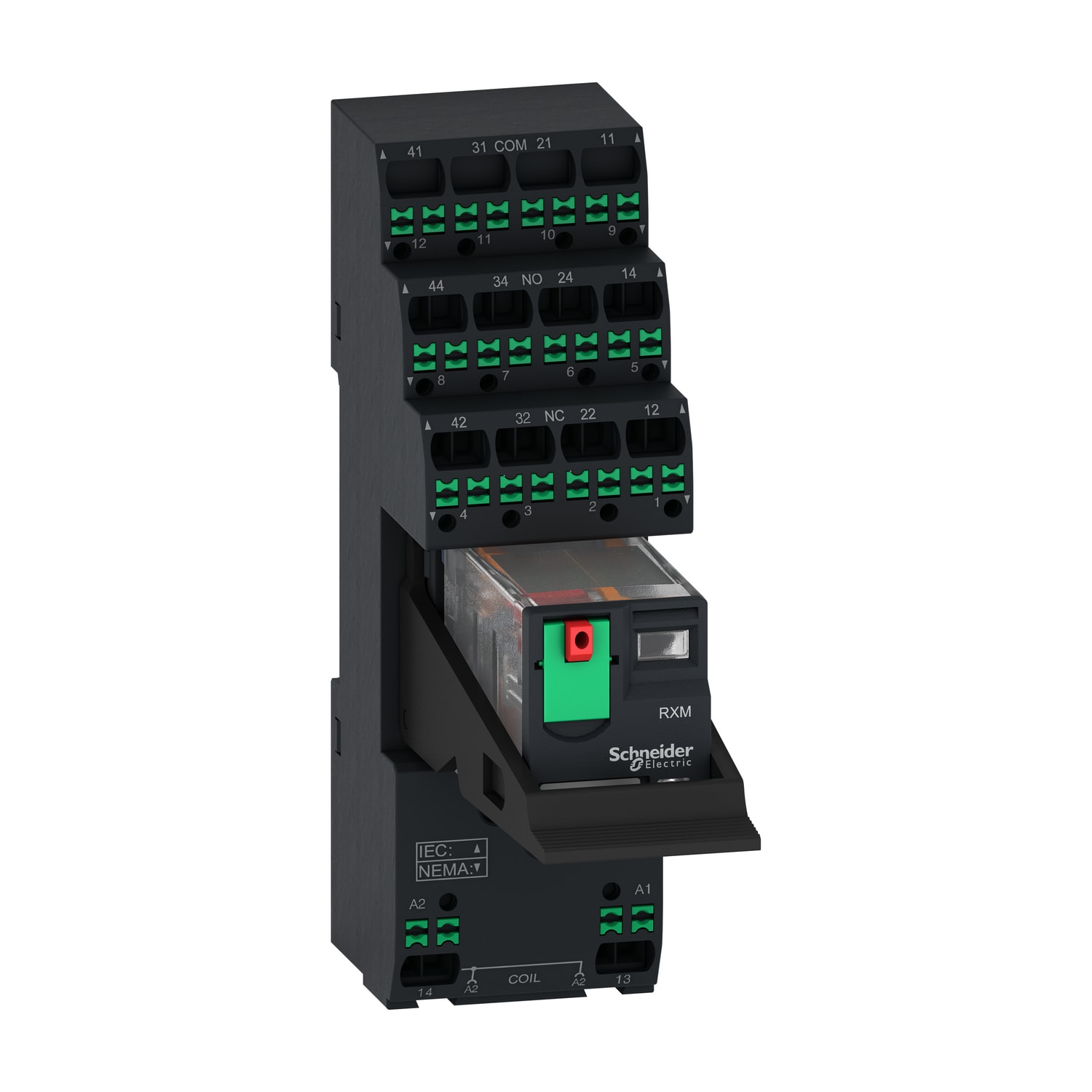 SCHNEIDER ELECTRIC - relè miniaturizzati preassemblati con base, relè elettromeccanici Harmony, 6A, 4NC/NO, LED, pulsante di prova bloccabile, push-in, 230V AC