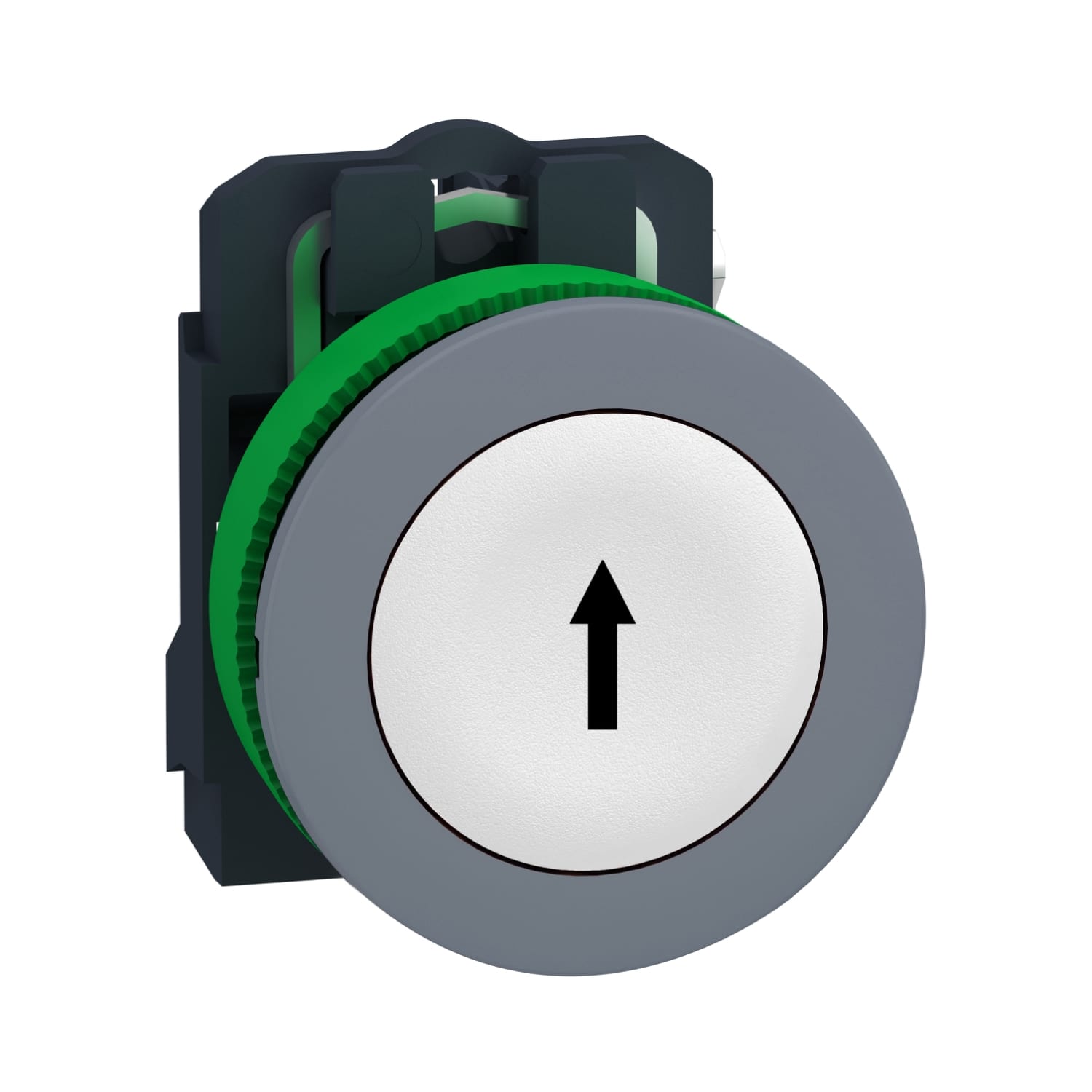 SCHNEIDER ELECTRIC - Pulsante, Harmony XB5, filopannello, plastica, bianco, 30mm, ad impulso, con marcatura freccia, 1 NO, ghiera grigia