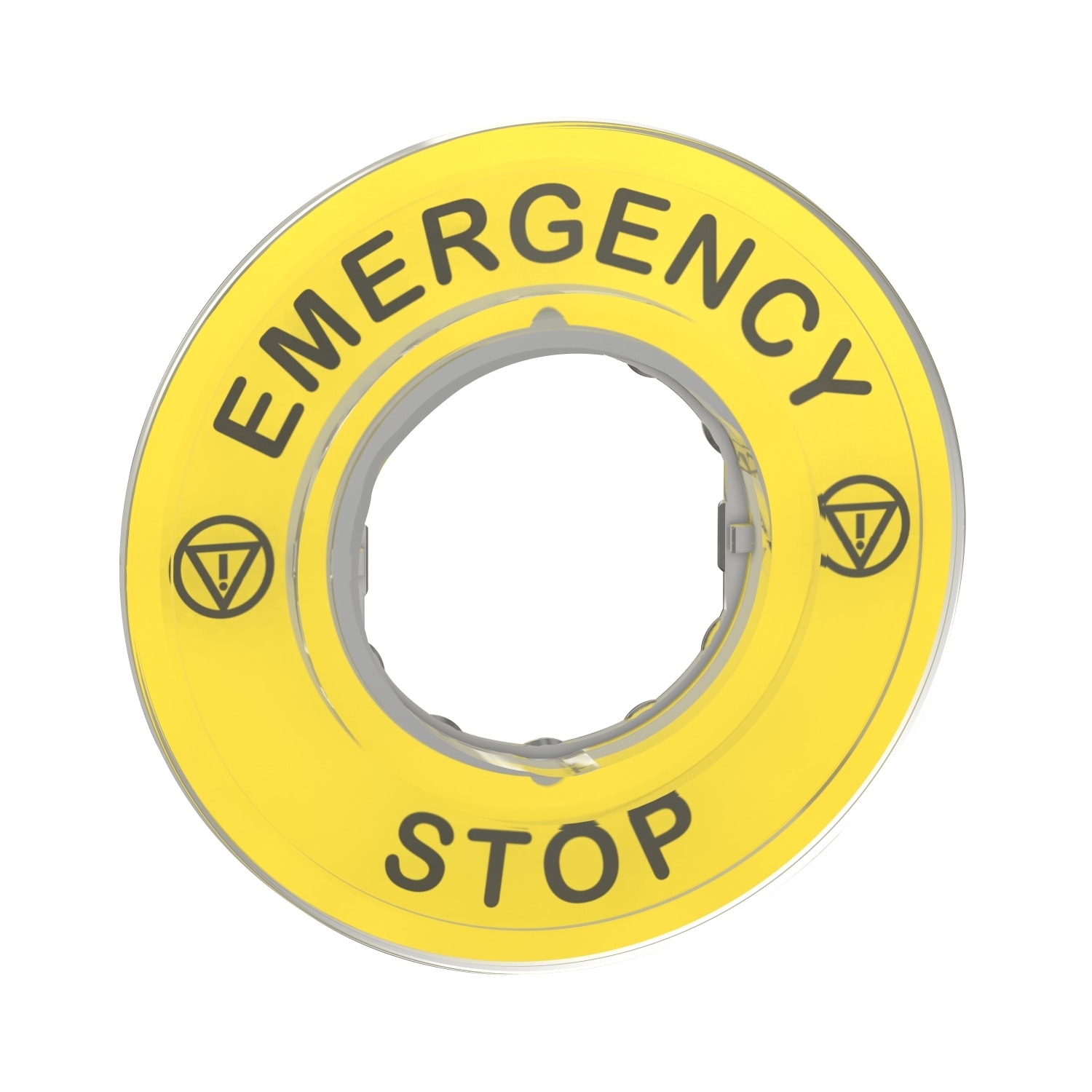 SCHNEIDER ELECTRIC - Etichetta circolare Ø60 - Harmony XB4, XB5 per pulsante arresto emergenza - gialla - plastica, con marcatura EMERGENCY STOP con logo ISO13850
