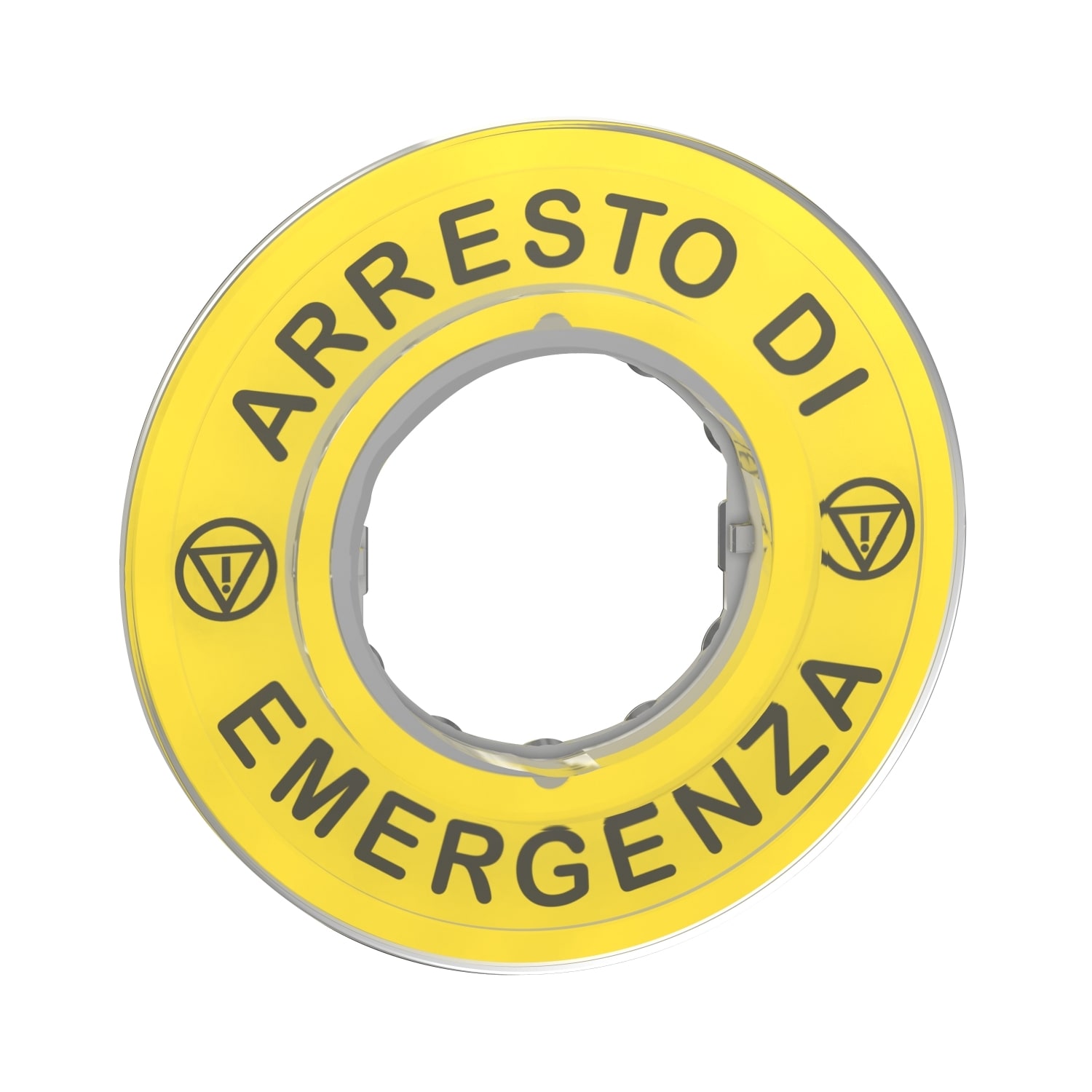 SCHNEIDER ELECTRIC - Etichetta circolare Ø60 - Harmony XB4, XB5 per pulsante arresto emergenza - gialla - plastica, con marcatura ARRESTO DI EMERGENZA con logo ISO13850