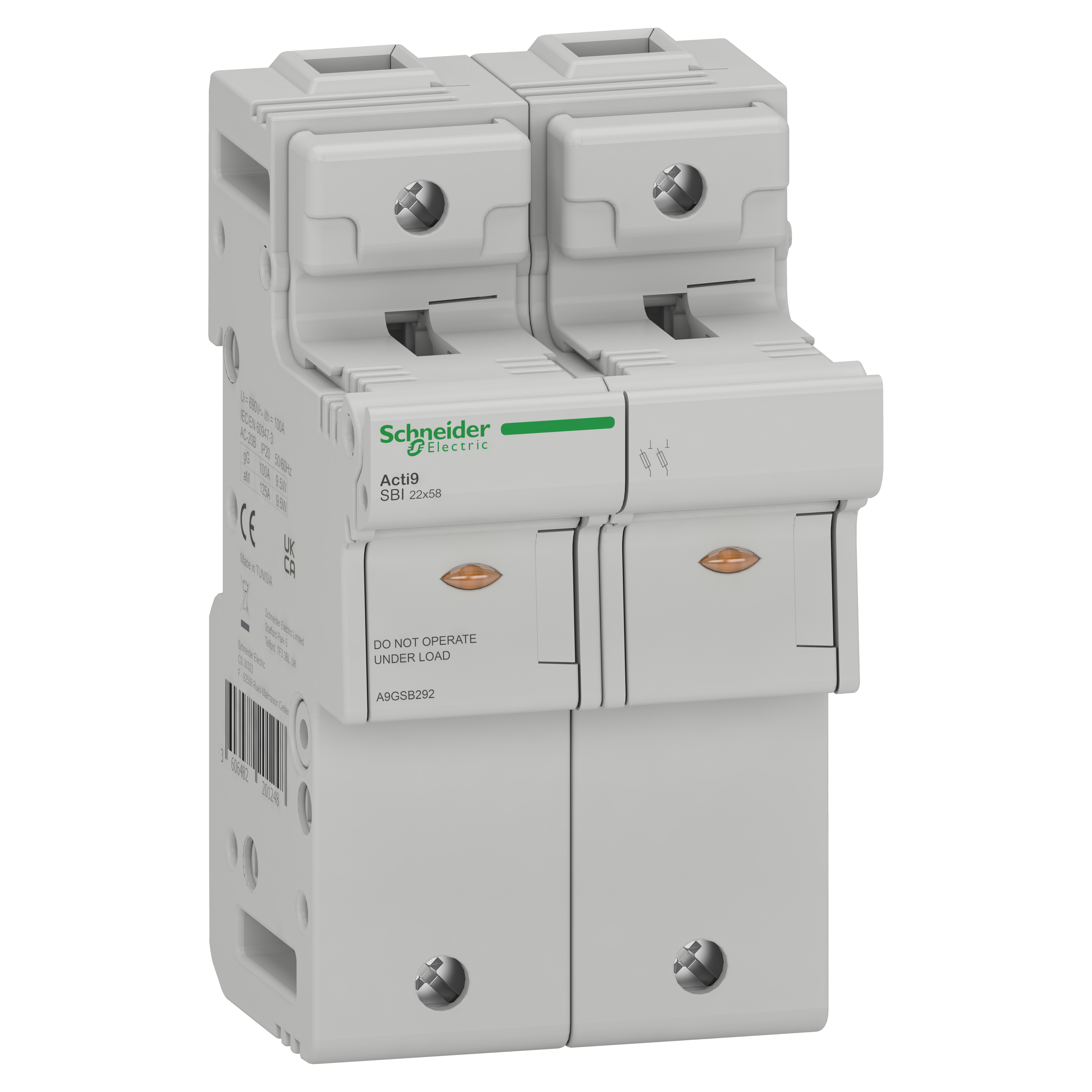 SCHNEIDER ELECTRIC - Sezionatore Acti9 SBI, 2P, 125 A, per fusibile 22 x 58 mm