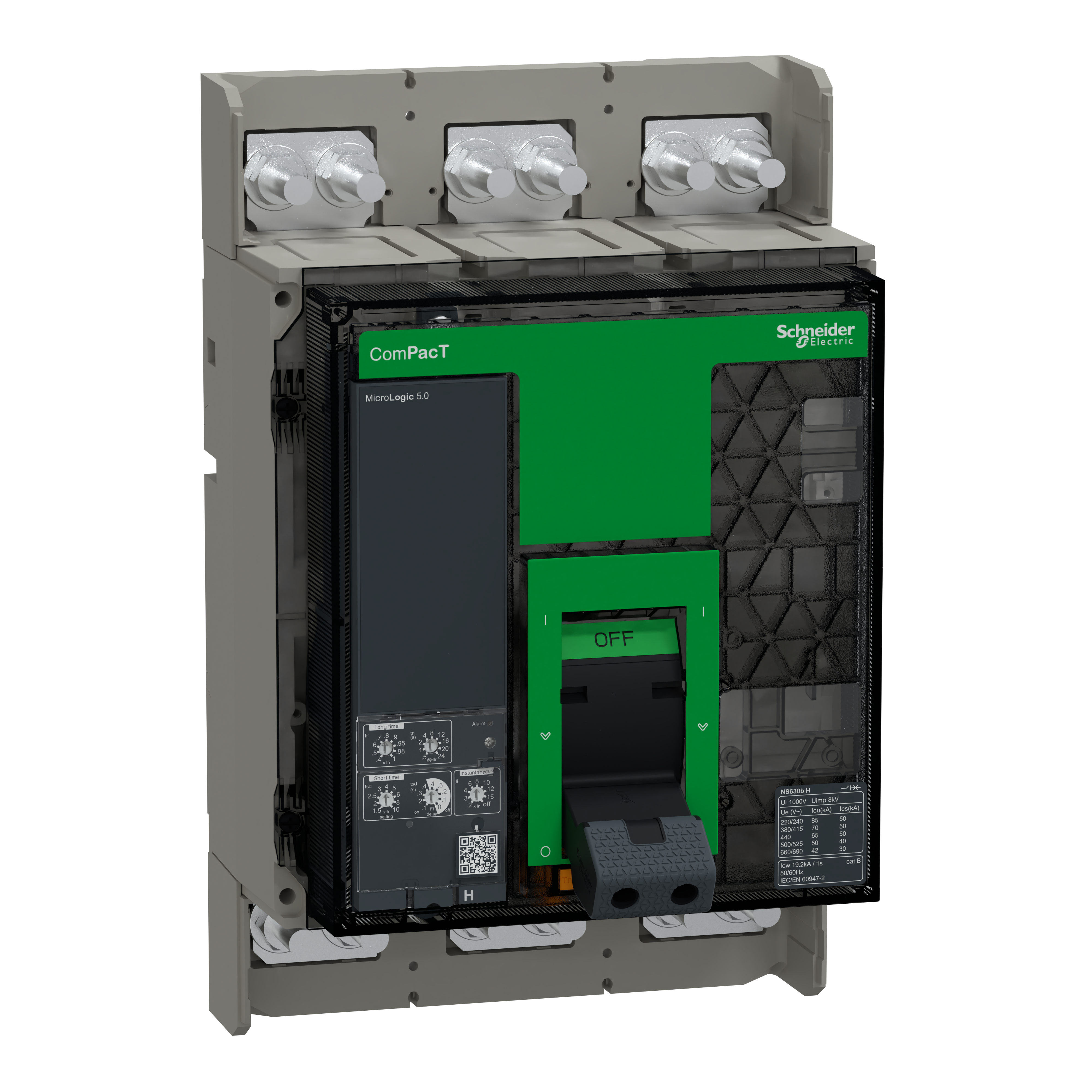 SCHNEIDER ELECTRIC - Interruttore, ComPacT NS630bH, 70kA a 415VAC, 3P, sganciatore MicroLogic 5.0 fisso, a funzionamento manuale, 630A