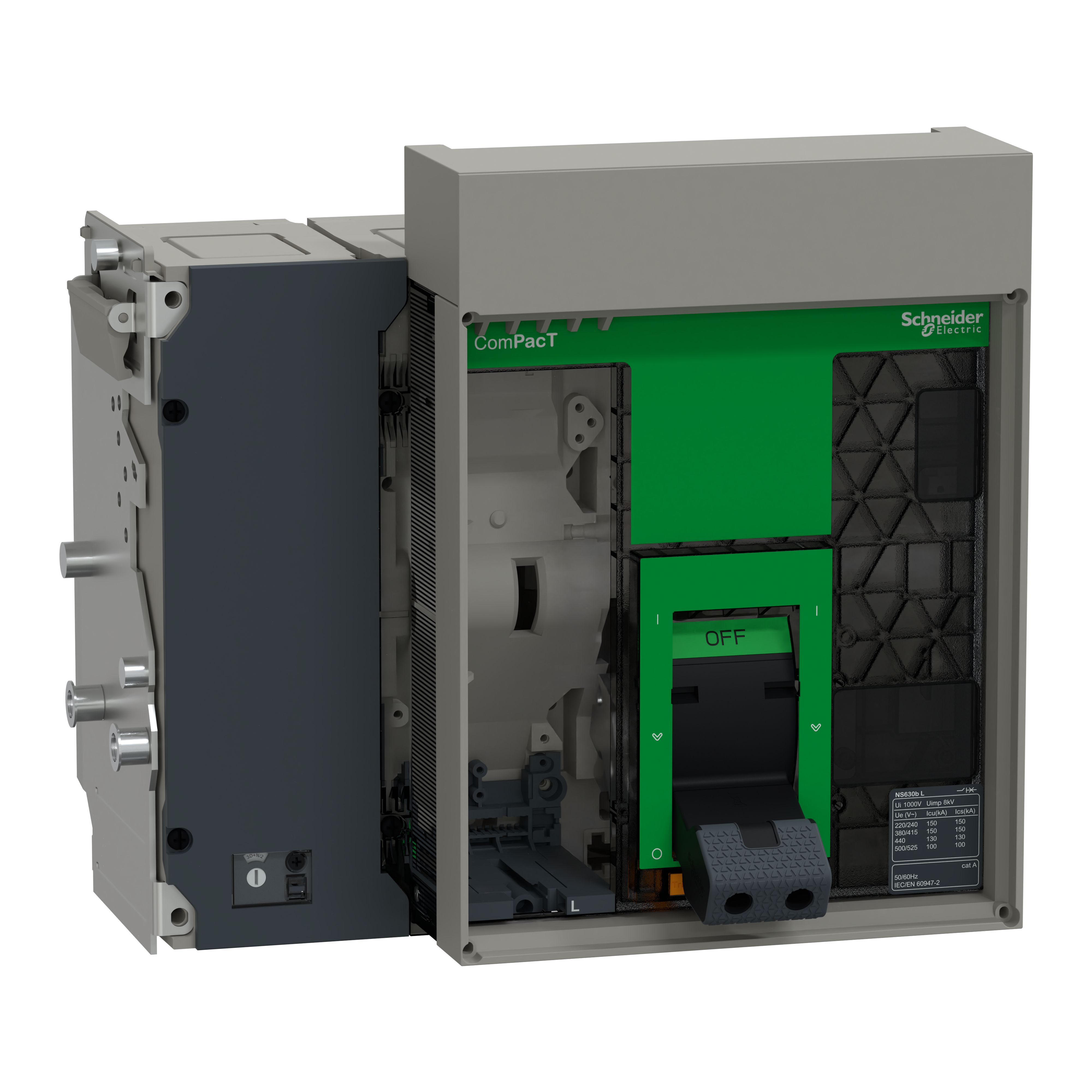 SCHNEIDER ELECTRIC - base interruttore, ComPacT NS630bL, 150 kA a 415 VAC, 630A, 4P, estraibile, azionato manualmente, senza Sganciatore