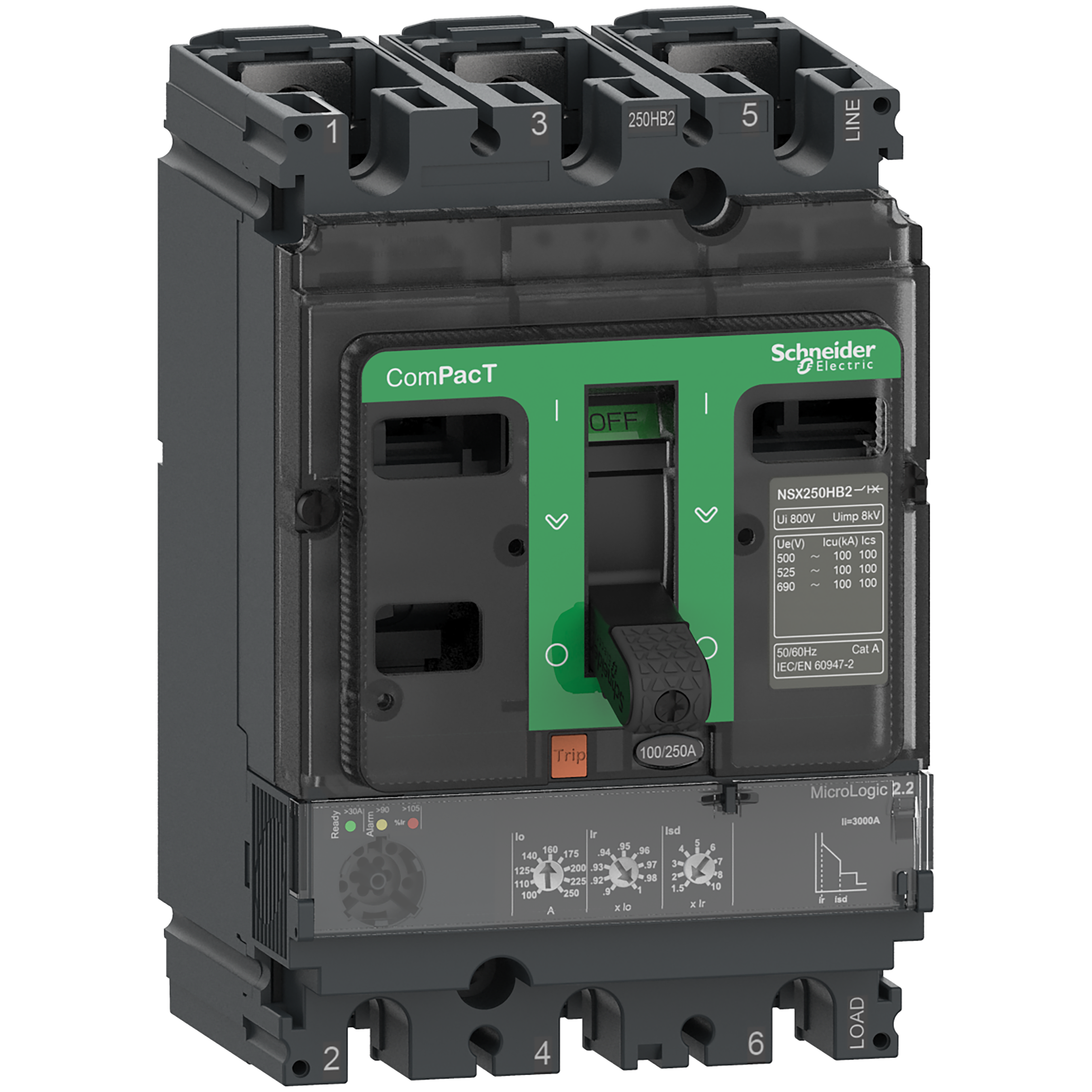 SCHNEIDER ELECTRIC - Interruttore, ComPacT NSX100R, 200kA/415VAC, 3 poli, Sganciatore MicroLogic 2.2 100A