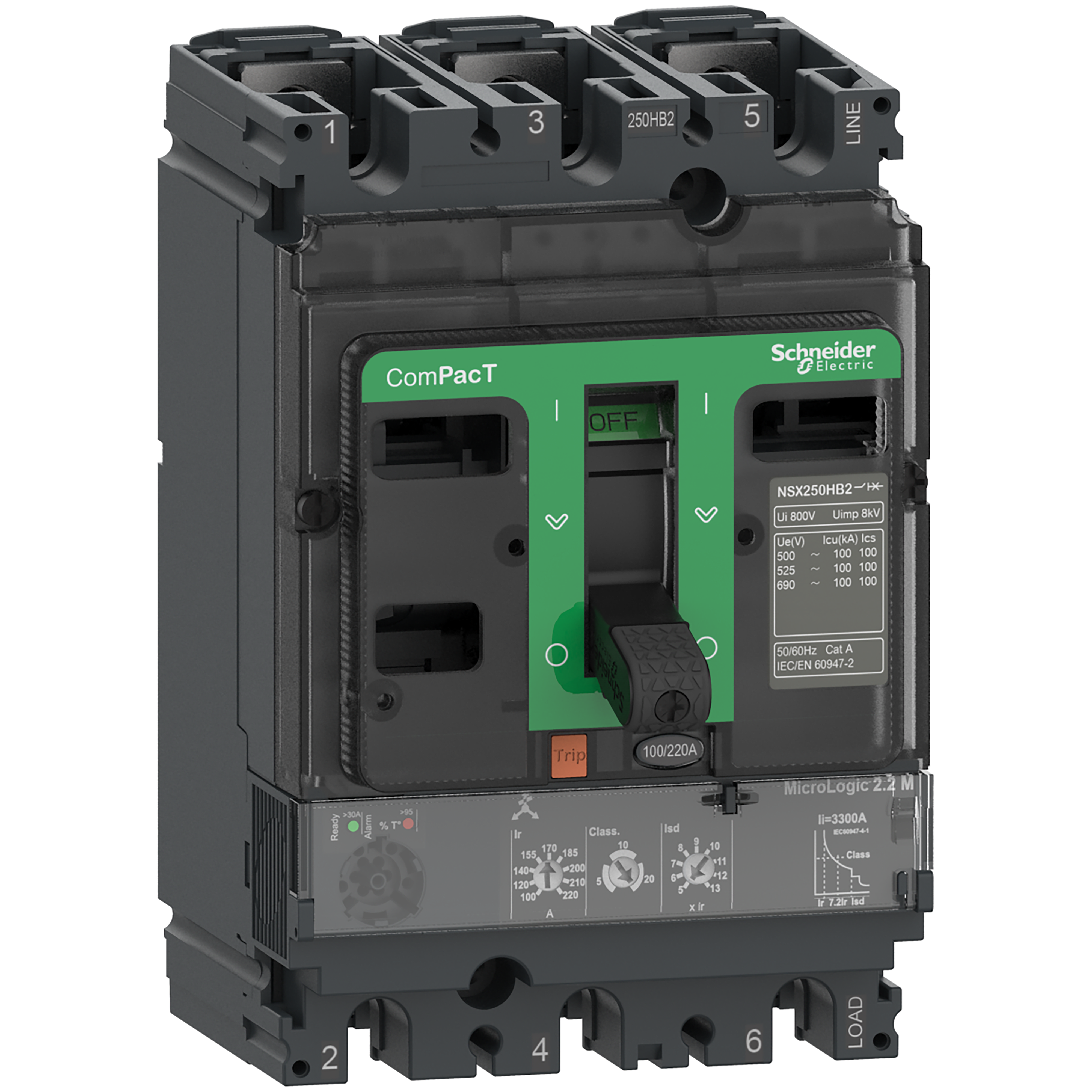 SCHNEIDER ELECTRIC - Interruttore, ComPact NSX100HB2, 100kA/690VAC, 3 poli, Sganciatore MicroLogic 2,2M 100A