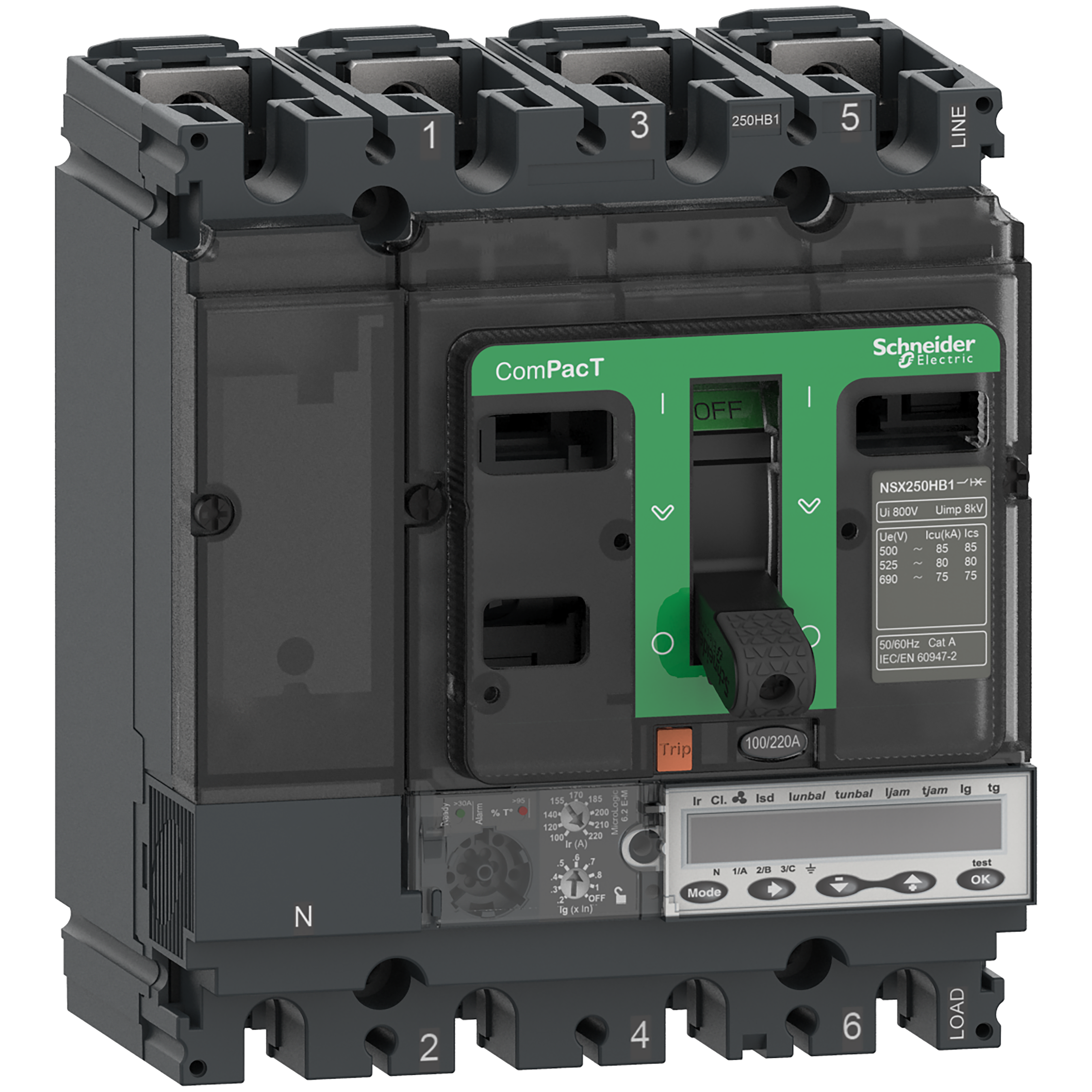 SCHNEIDER ELECTRIC - Interruttore, ComPacT NSX100HB2, 100kA/690VAC, 3 poli, Sganciatore MicroLogic 6.2E-M 80A