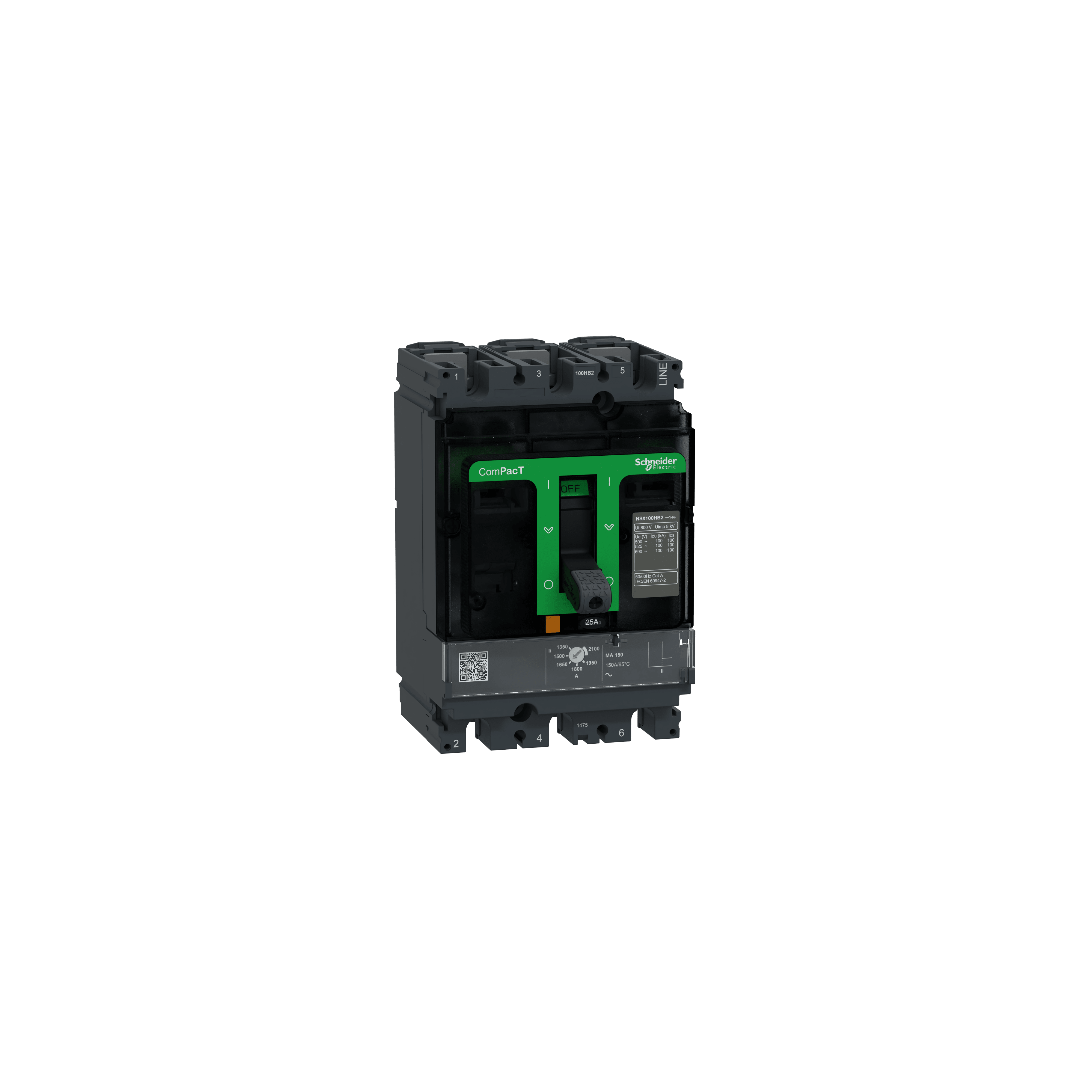 SCHNEIDER ELECTRIC - Interruttore, ComPacT NSX100HB2, 100kA/690VAC, 3 poli, Sganciatore MA 25A
