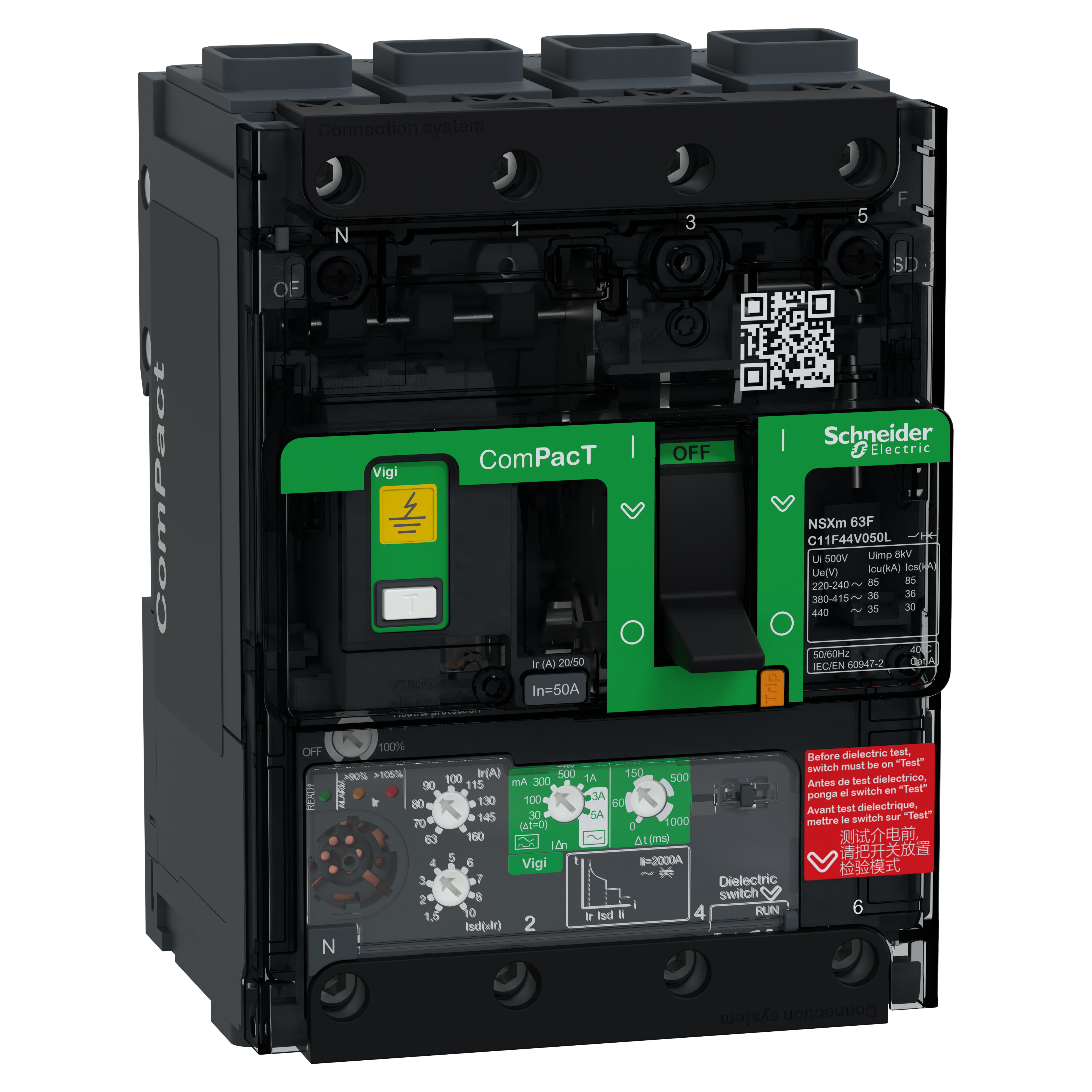 SCHNEIDER ELECTRIC - Interruttore, ComPacT NSXm 100F, 36kA/415VAC, 4 poli, Sganciatore MicroLogic 4.1 50A, connettori EverLink