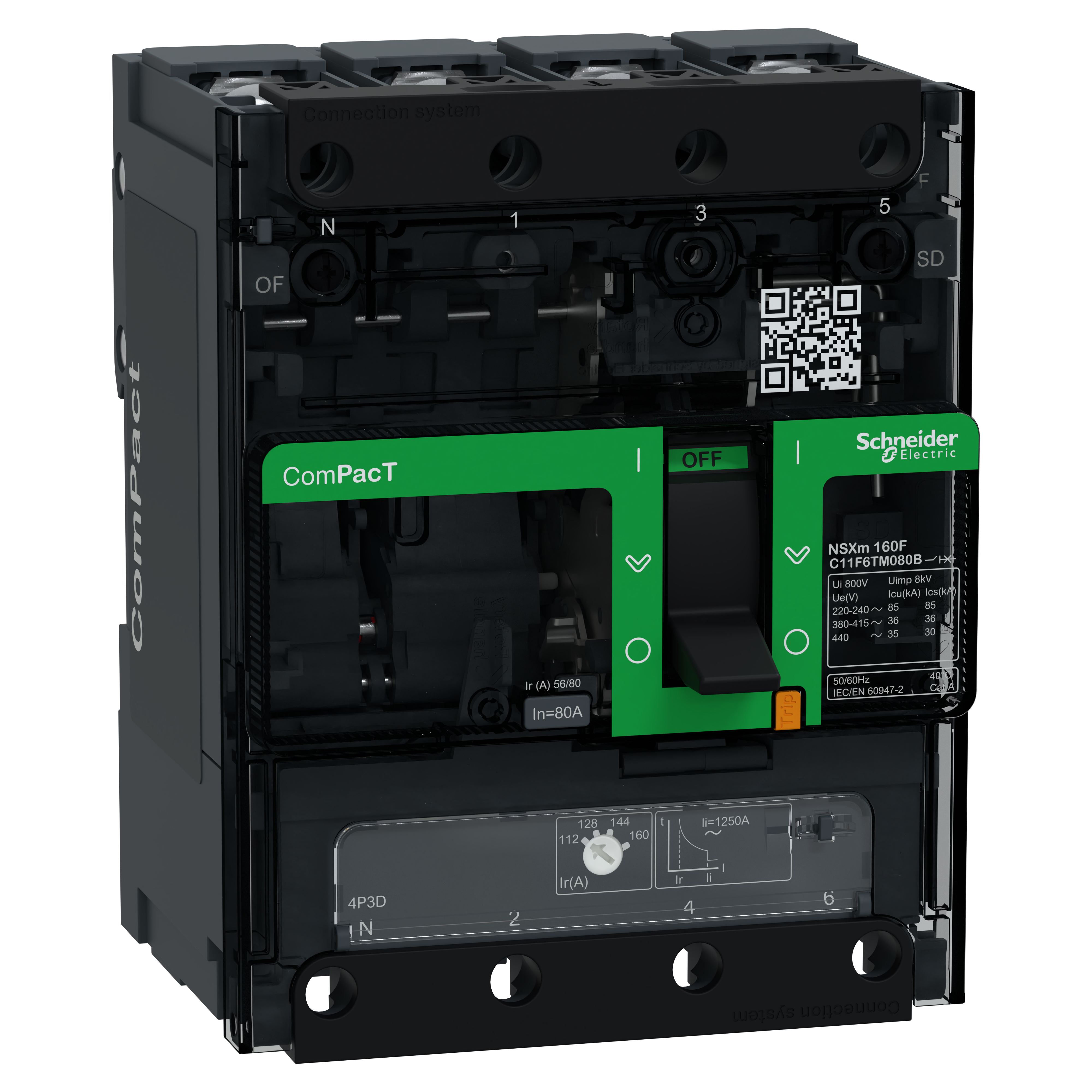 SCHNEIDER ELECTRIC - Interruttore, ComPacT NSXm 100F, 36kA/415VAC, 4 poli 3D (neutro non protetto), Sganciatore TMD&nbsp;80A busbar/connettori