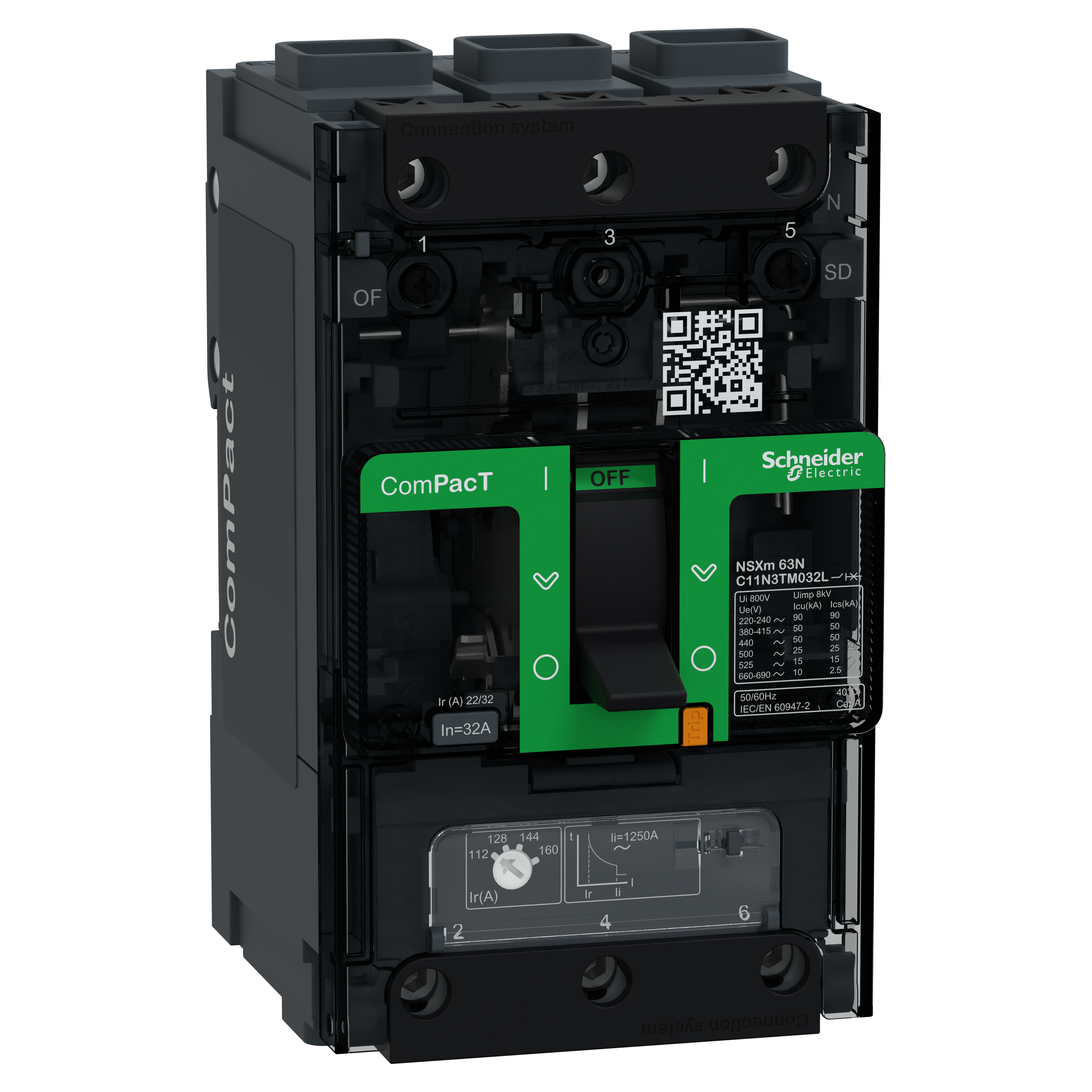 SCHNEIDER ELECTRIC - Interruttore, ComPacT NSXm 100N, 50kA/415VAC, 3 poli, Sganciatore TMD&nbsp;32A, connettori EverLink