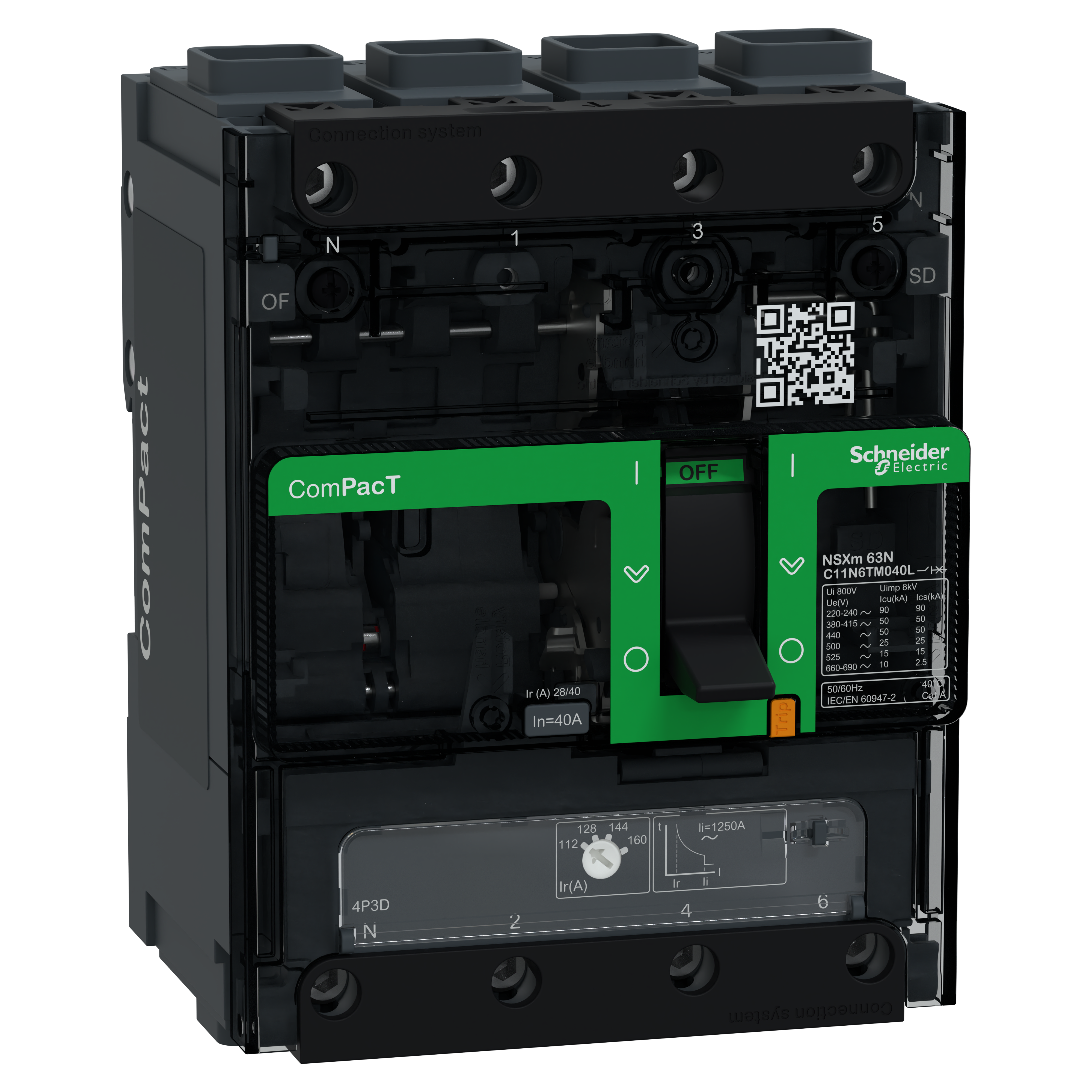 SCHNEIDER ELECTRIC - Interruttore, ComPacT NSXm 100N, 50kA/415VAC, 4 poli 3D (neutro non protetto), Sganciatore TMD&nbsp;40A, connettori EverLink