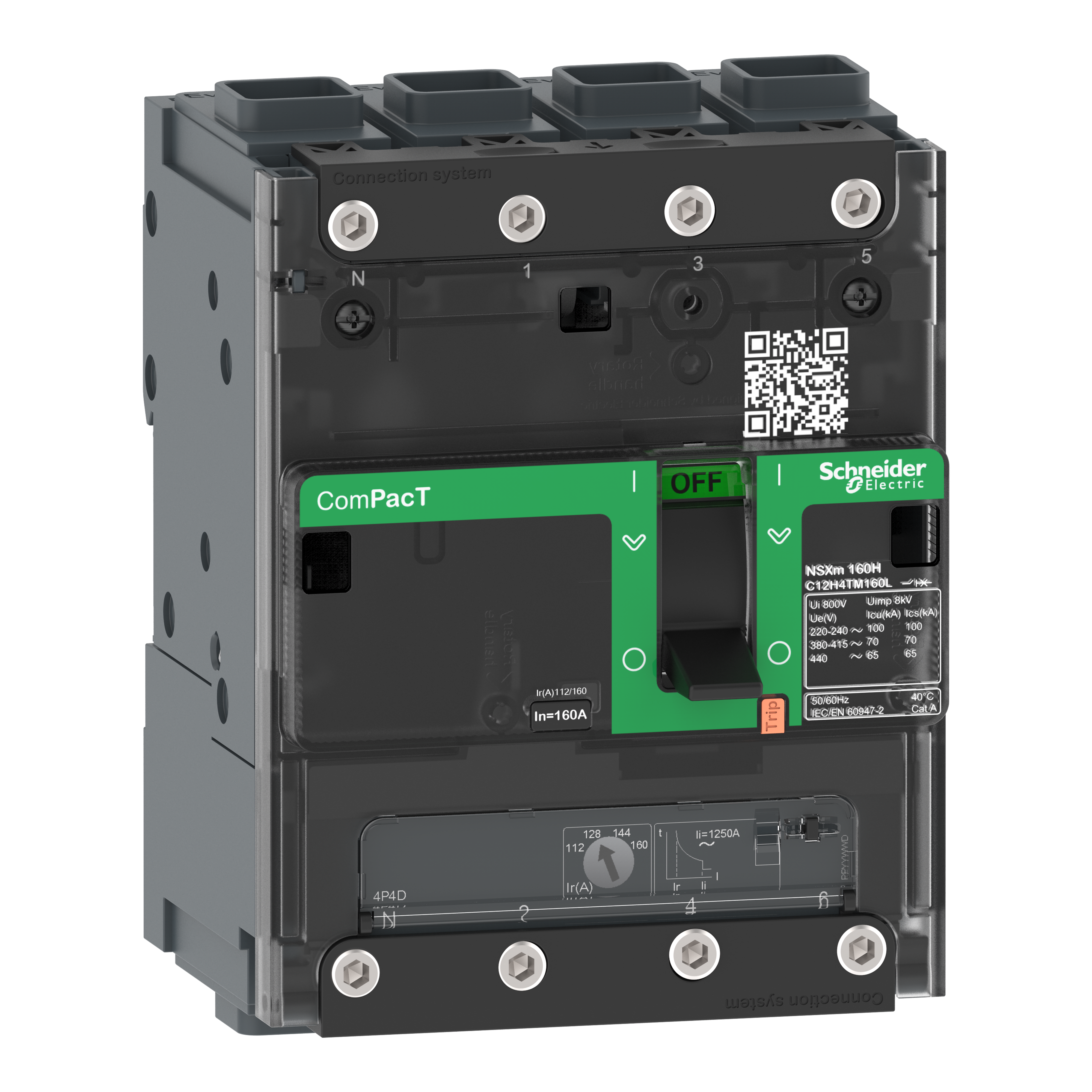 SCHNEIDER ELECTRIC - Interruttore, ComPacT NSXm 160E, 16kA/415VAC, 4 poli 4D (neutro totalmente protetto), Sganciatore TMD 125A, connettori EverLink