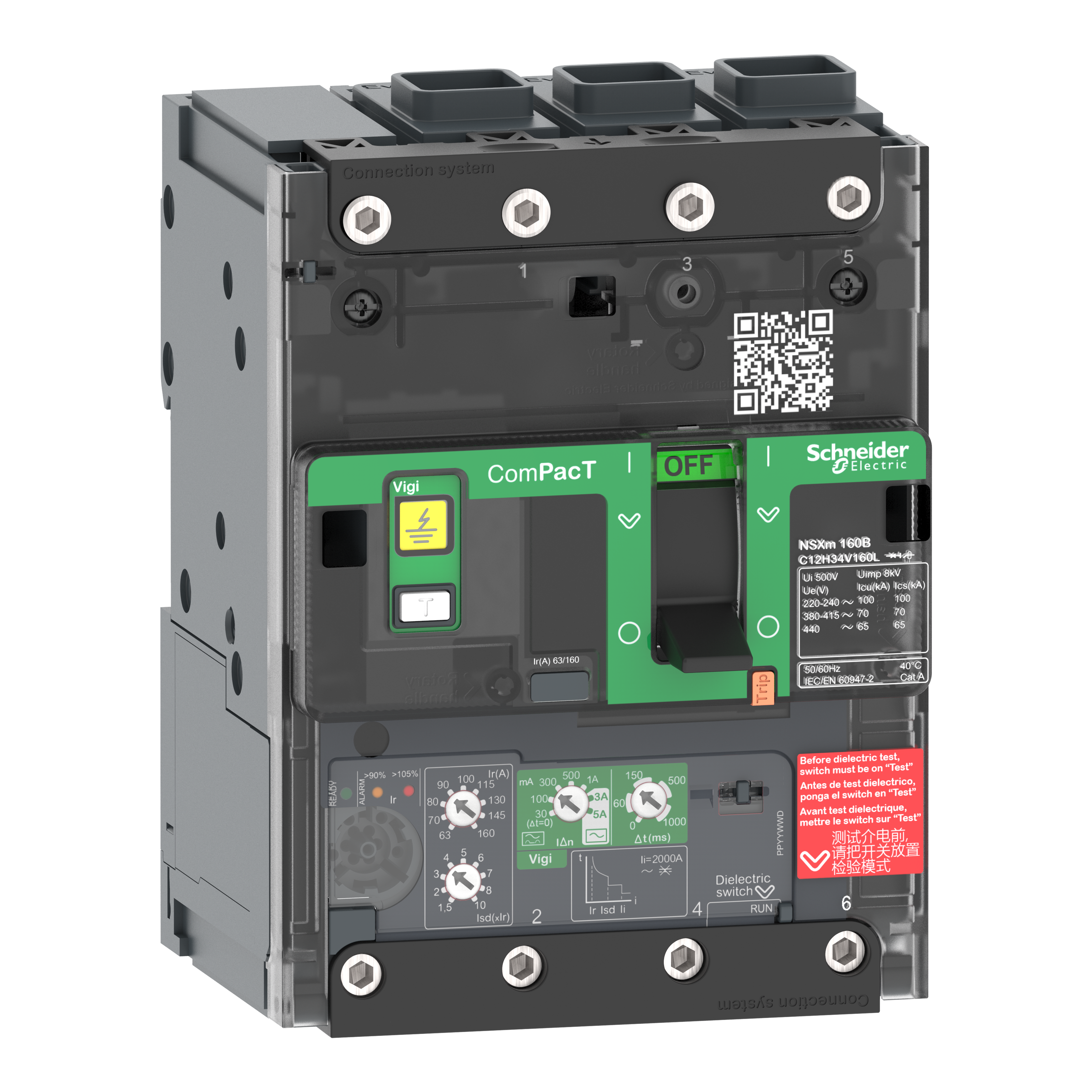 SCHNEIDER ELECTRIC - Interruttore, ComPacT NSXm 160H, 70kA/415VAC, 3 poli, Sganciatore MicroLogic 4.1 160A, connettori EverLink