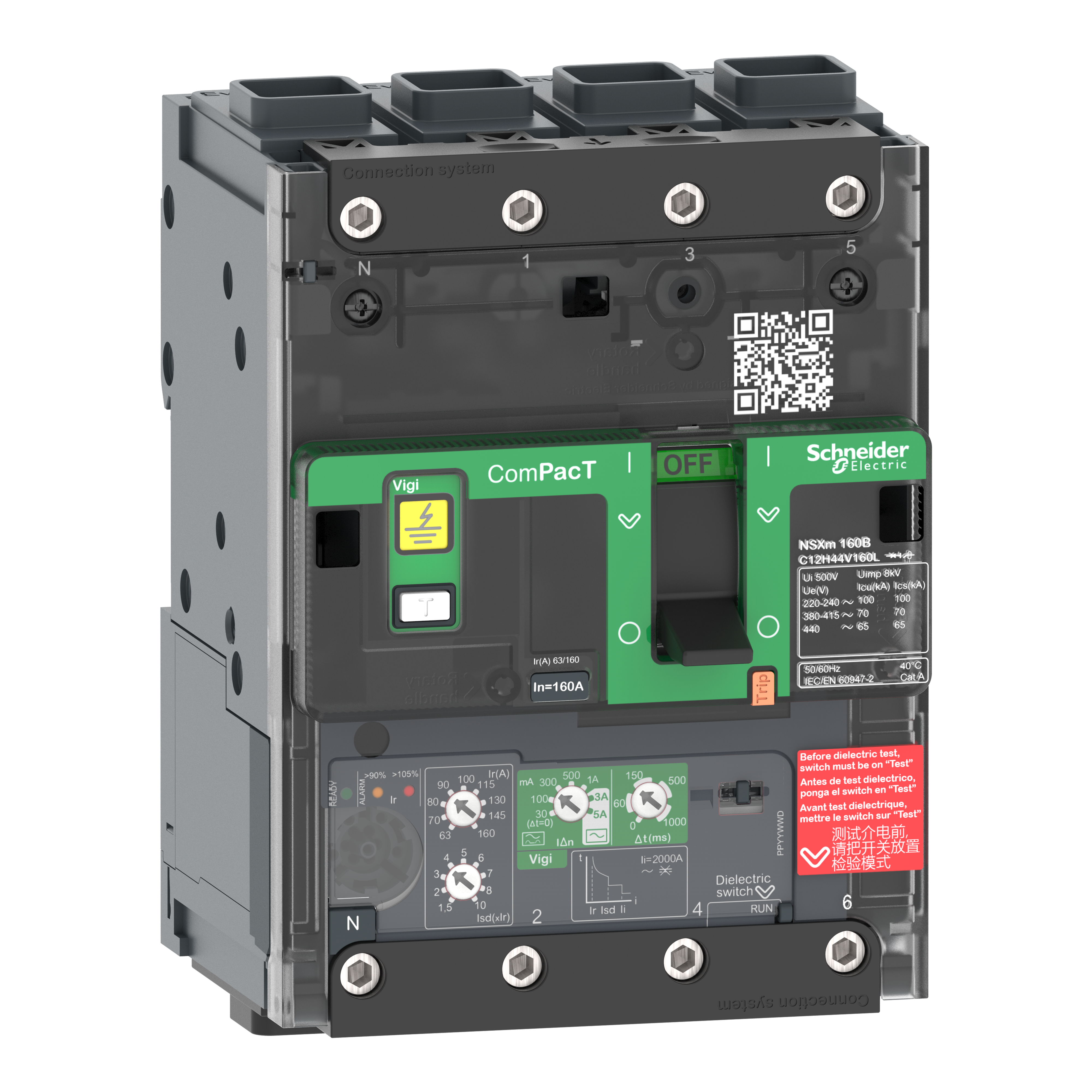 SCHNEIDER ELECTRIC - Interruttore, ComPacT NSXm 160H, 70kA/415VAC, 4 poli, Sganciatore MicroLogic 4.1 160A, connettori EverLink