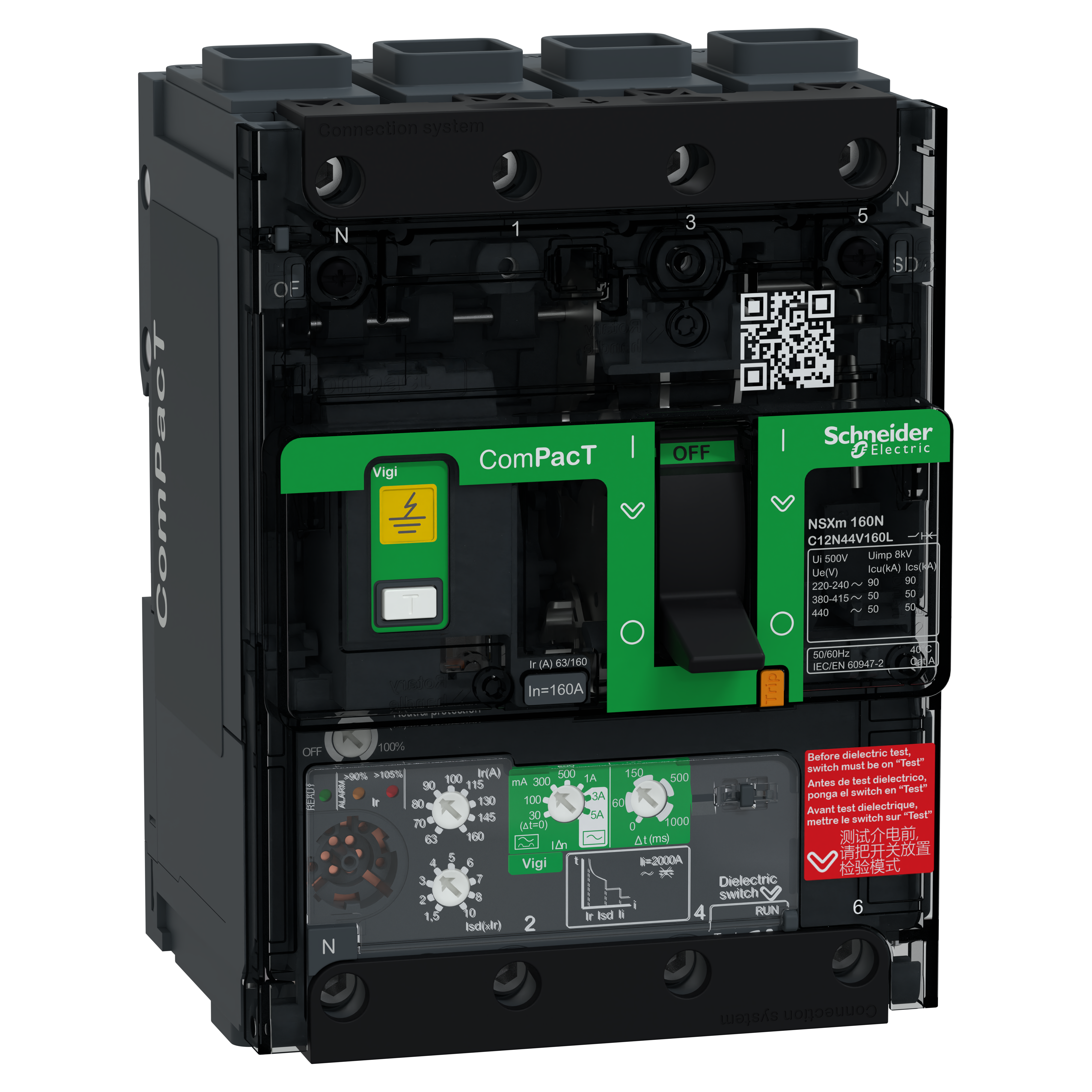 SCHNEIDER ELECTRIC - Interruttore, ComPacT NSXm 160N, 50kA/415VAC, 4 poli, Sganciatore MicroLogic 4.1 160A, connettori EverLink
