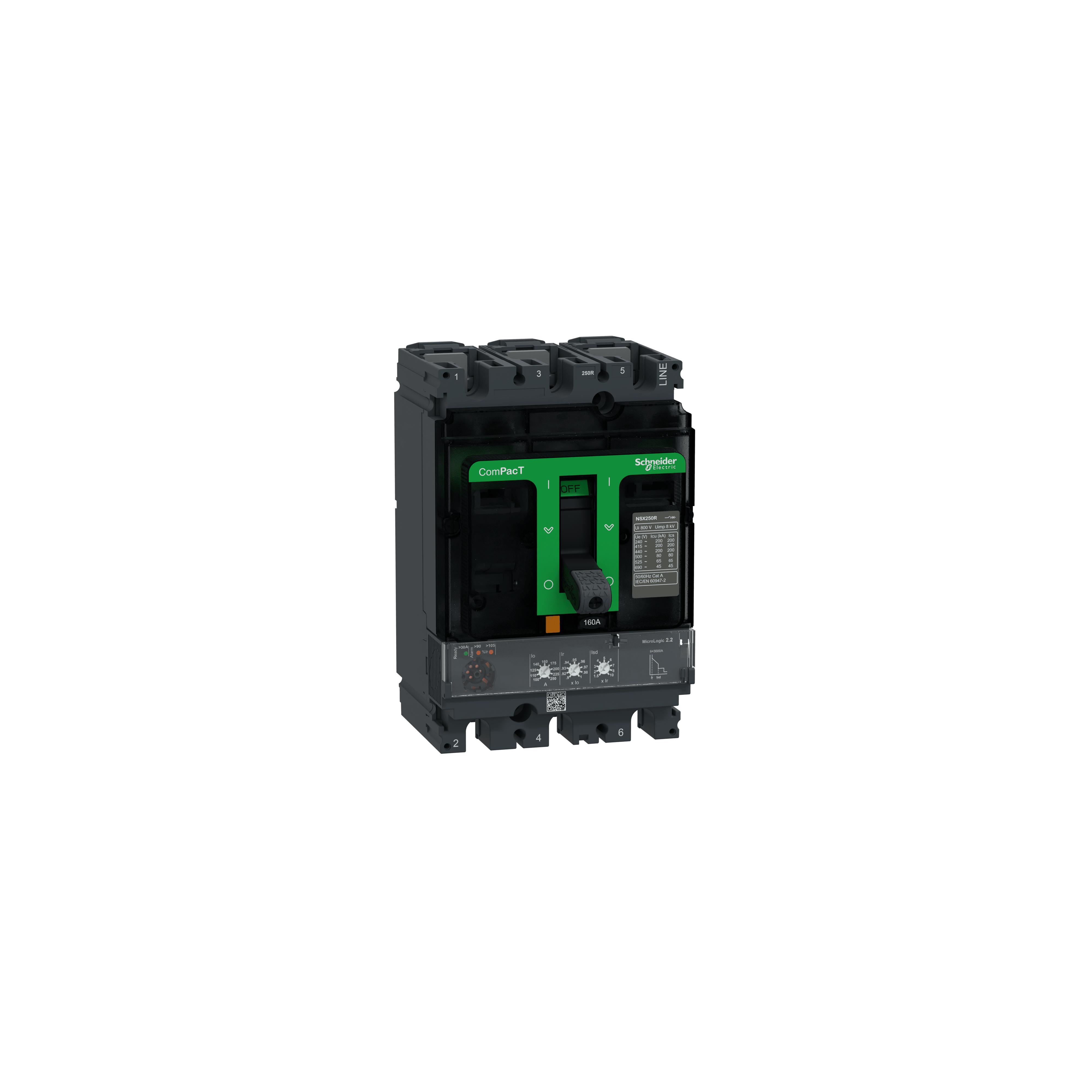 SCHNEIDER ELECTRIC - Interruttore, ComPacT NSX250R, 200kA/415VAC, 3 poli, Sganciatore MicroLogic 2.2 160A