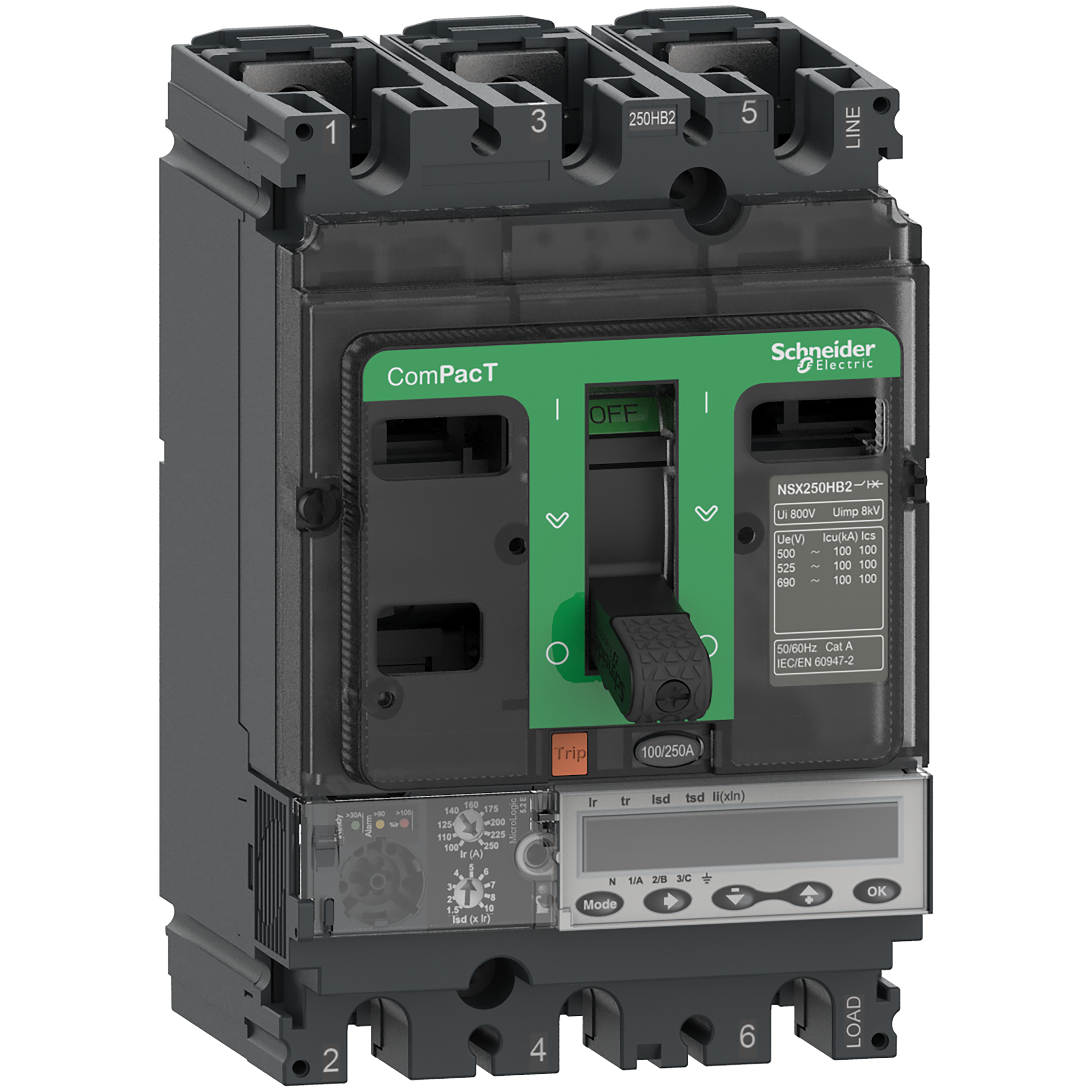 SCHNEIDER ELECTRIC - Interruttore, ComPacT NSX250R, 200kA/415VAC, 3 poli, Sganciatore MicroLogic 5.2E 100A