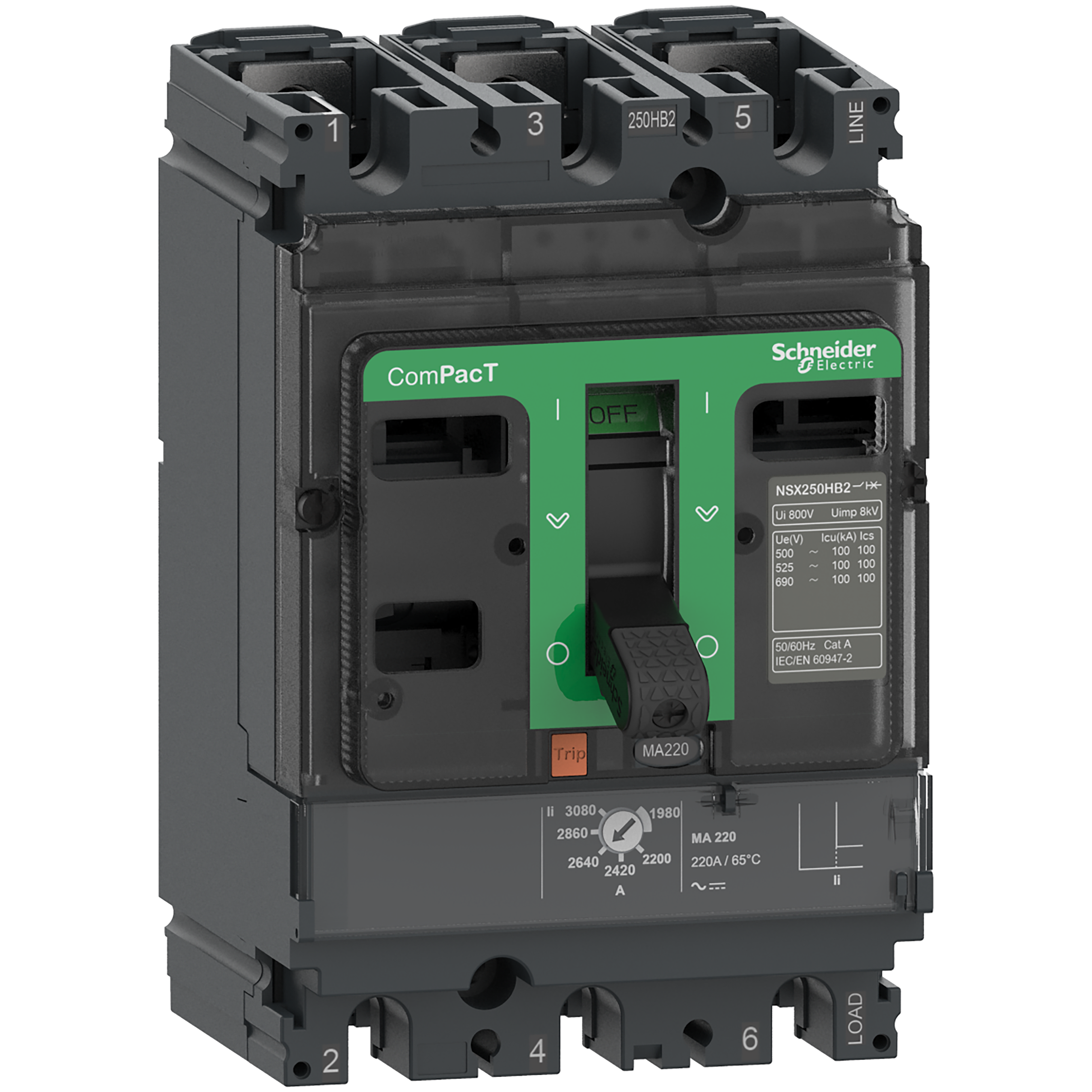 SCHNEIDER ELECTRIC - Interruttore, ComPacT NSX250R, 200kA/415VAC, 3 poli, Sganciatore MA 220A