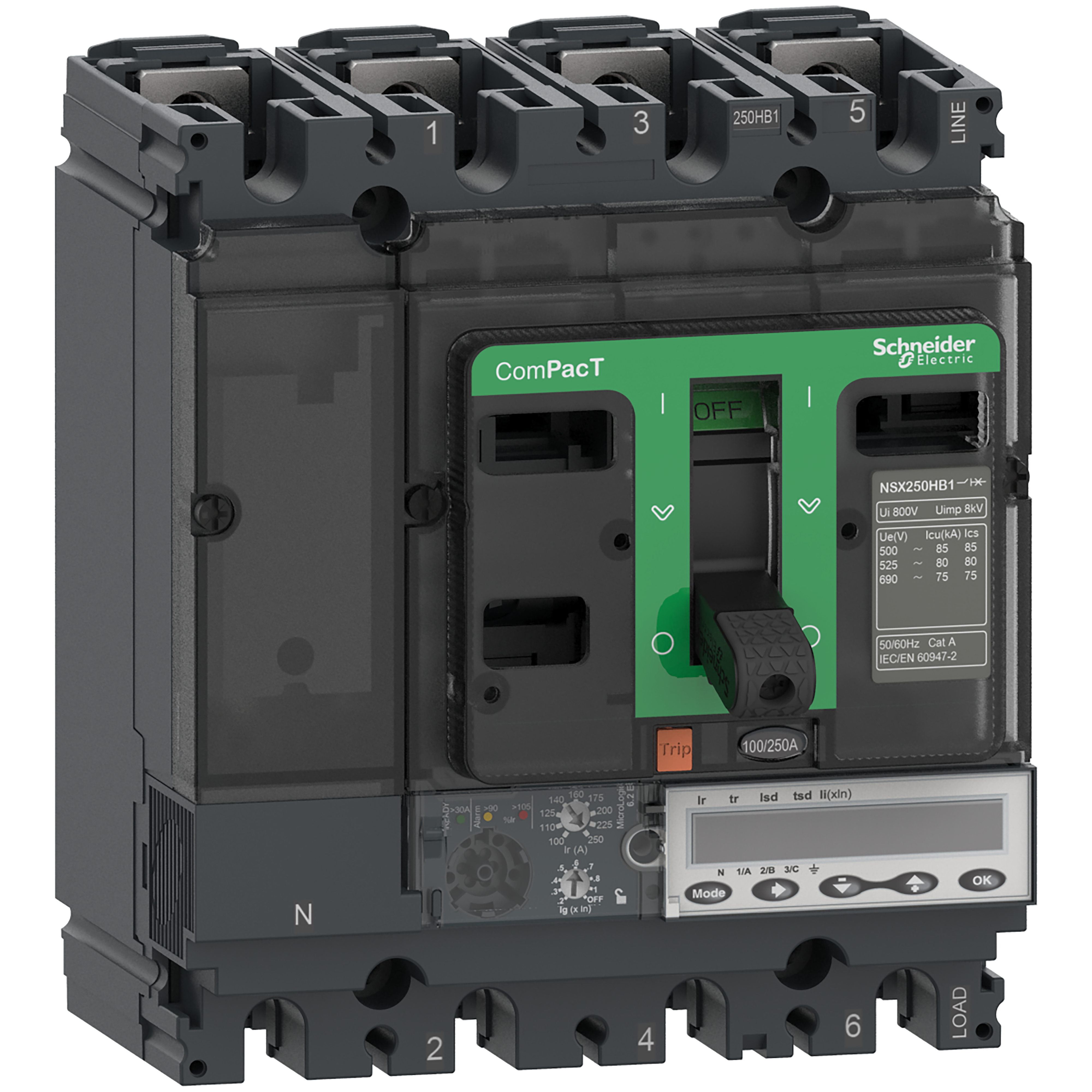 SCHNEIDER ELECTRIC - Interruttore, ComPacT NSX250HB1, 75kA/690VAC, 4 poli, Sganciatore MicroLogic 6.2E 160A