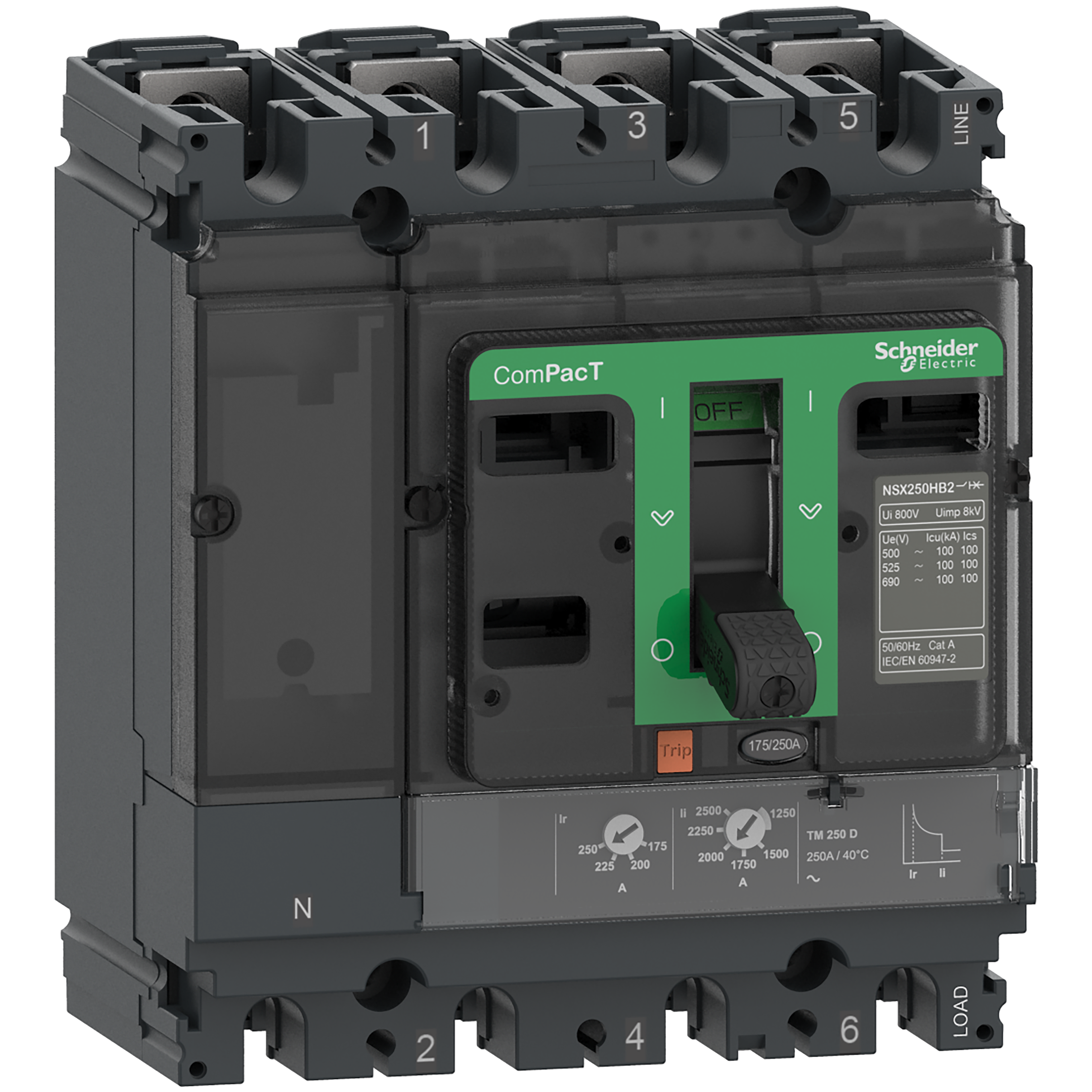 SCHNEIDER ELECTRIC - Interruttore, ComPacT NSX250HB1, 75kA/690VAC, 4 poli 4D (neutro totalmente protetto), Sganciatore TMD 200A
