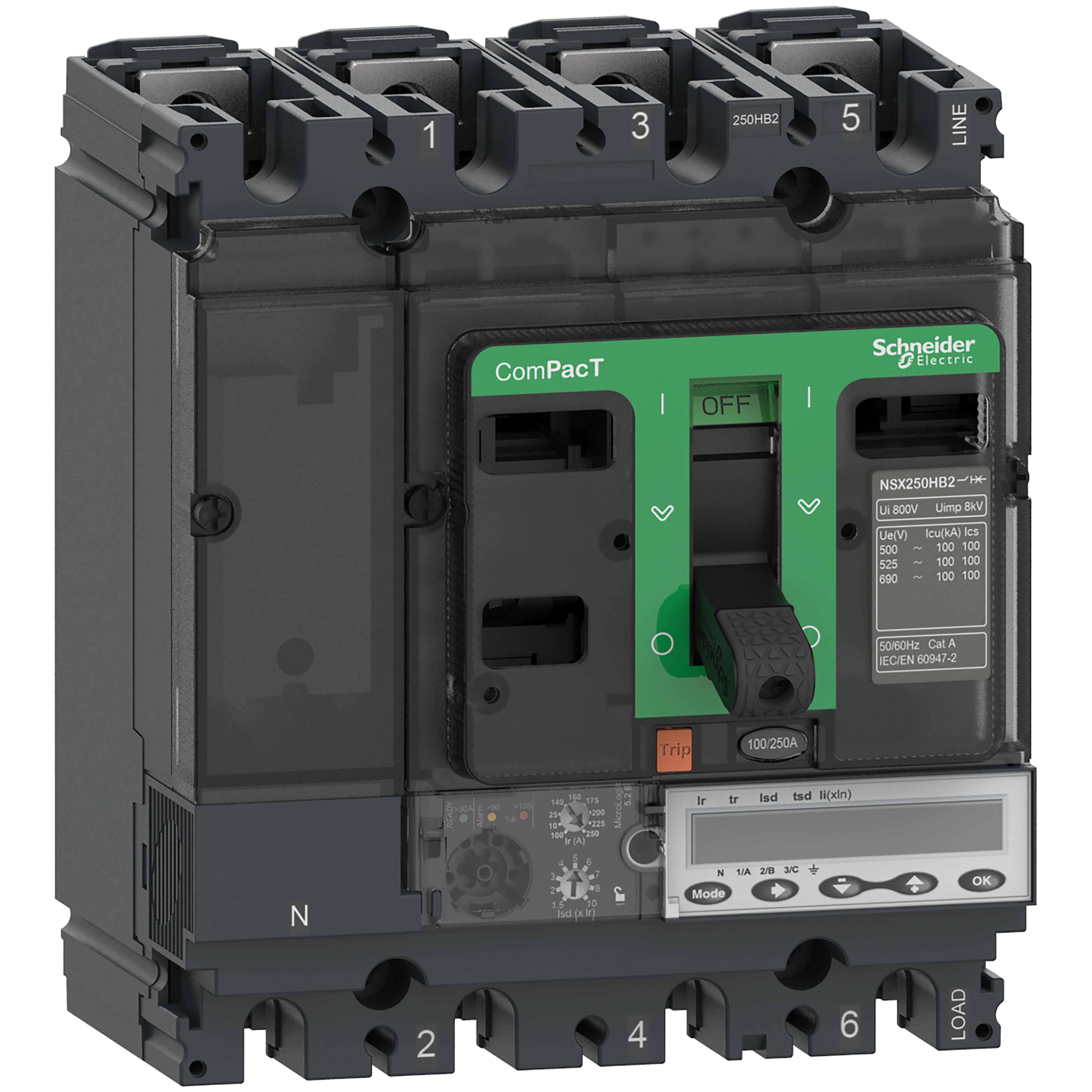 SCHNEIDER ELECTRIC - Interruttore, ComPacT NSX250HB2, 100kA/690VAC, 4 poli, Sganciatore MicroLogic 5.2E 160A