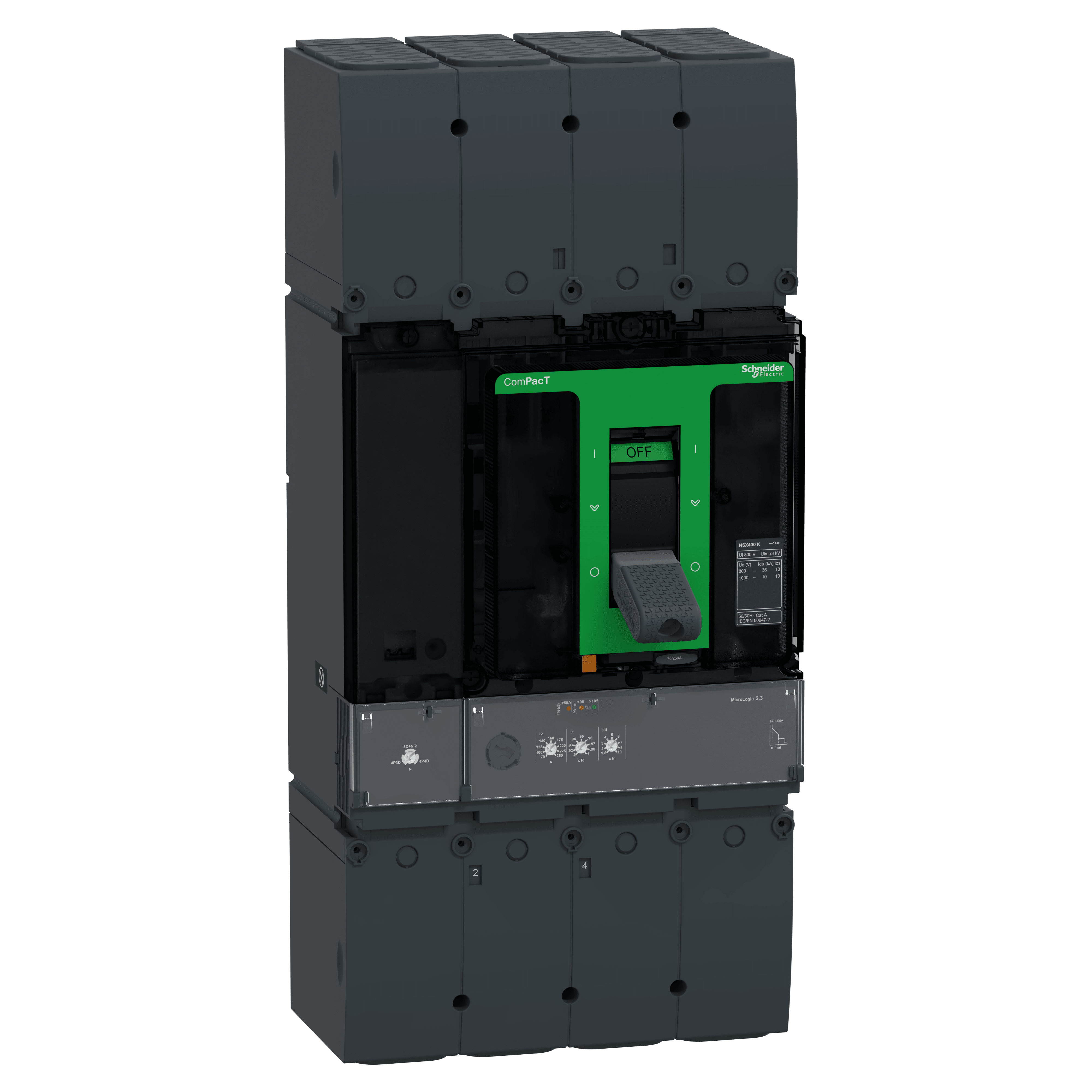SCHNEIDER ELECTRIC - Interruttore, ComPacT NSX400K, 36kA/800VAC, 10kA/1000VAC, 4 poli, Sganciatore MicroLogic 2.3, 250A