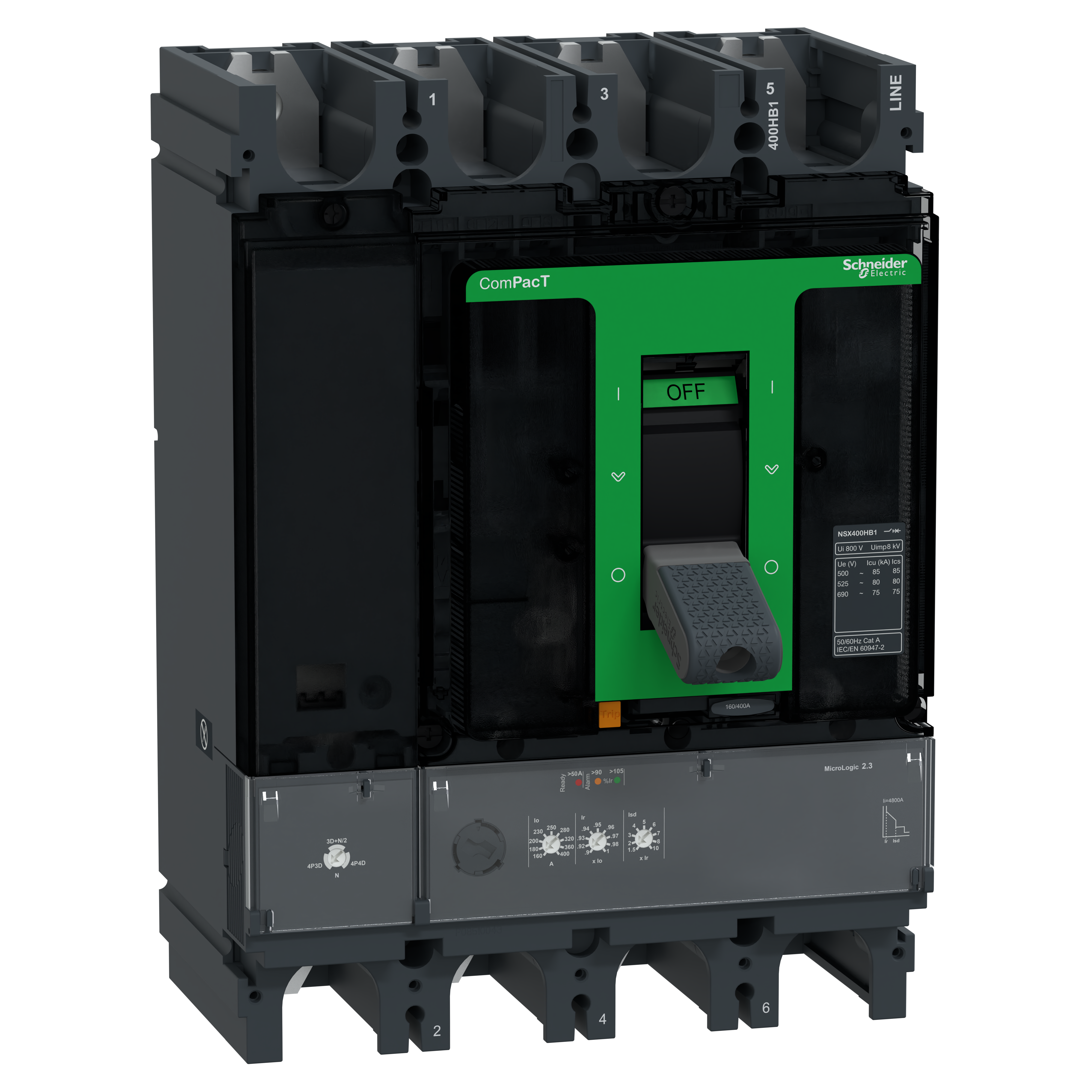 SCHNEIDER ELECTRIC - Interruttore, ComPacT NSX400HB1, 75kA/690VAC, 4 poli, Sganciatore MicroLogic 2.3 400A