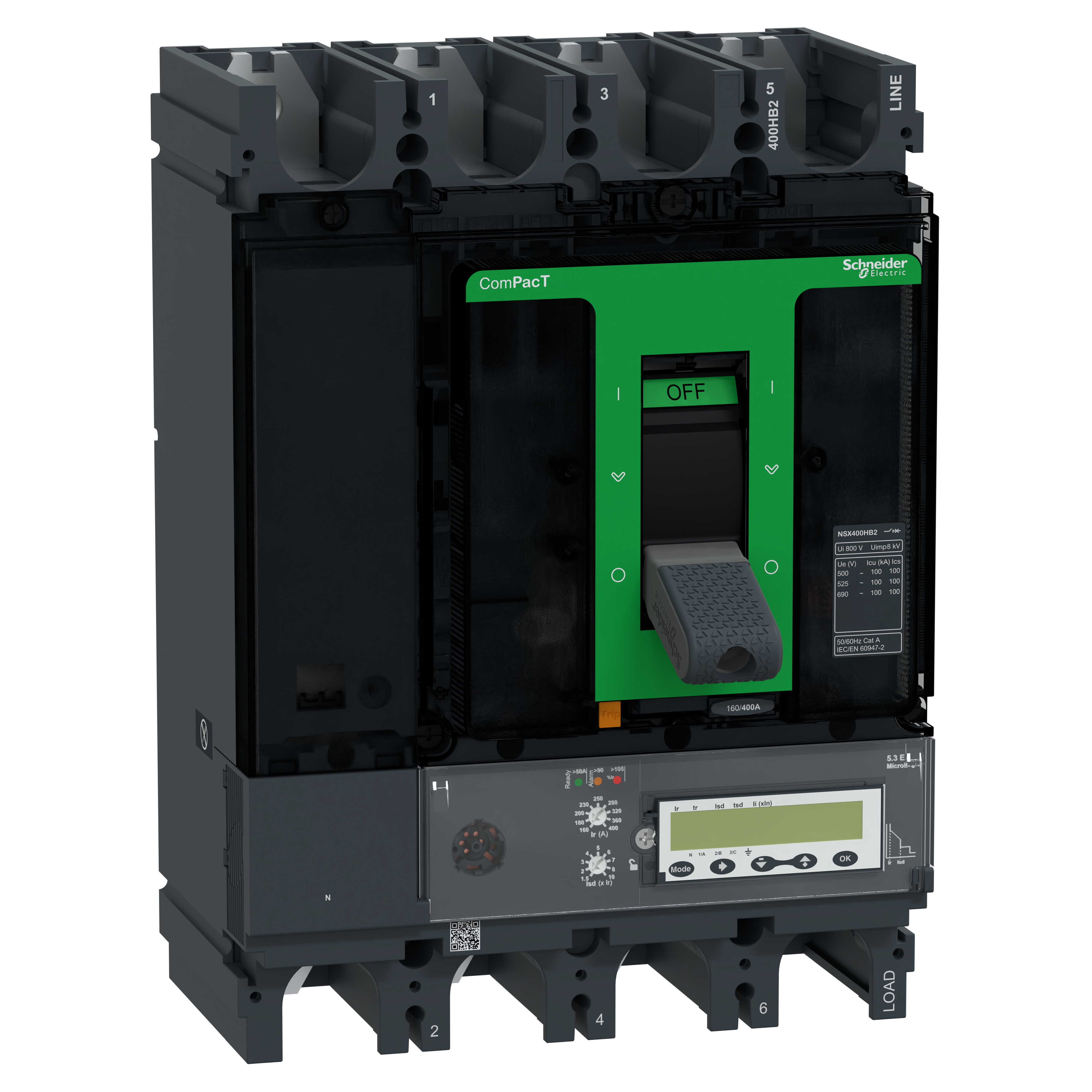 SCHNEIDER ELECTRIC - Interruttore, ComPacT NSX400HB2, 100kA/690VAC, 4 poli, Sganciatore MicroLogic 5.3E 400A