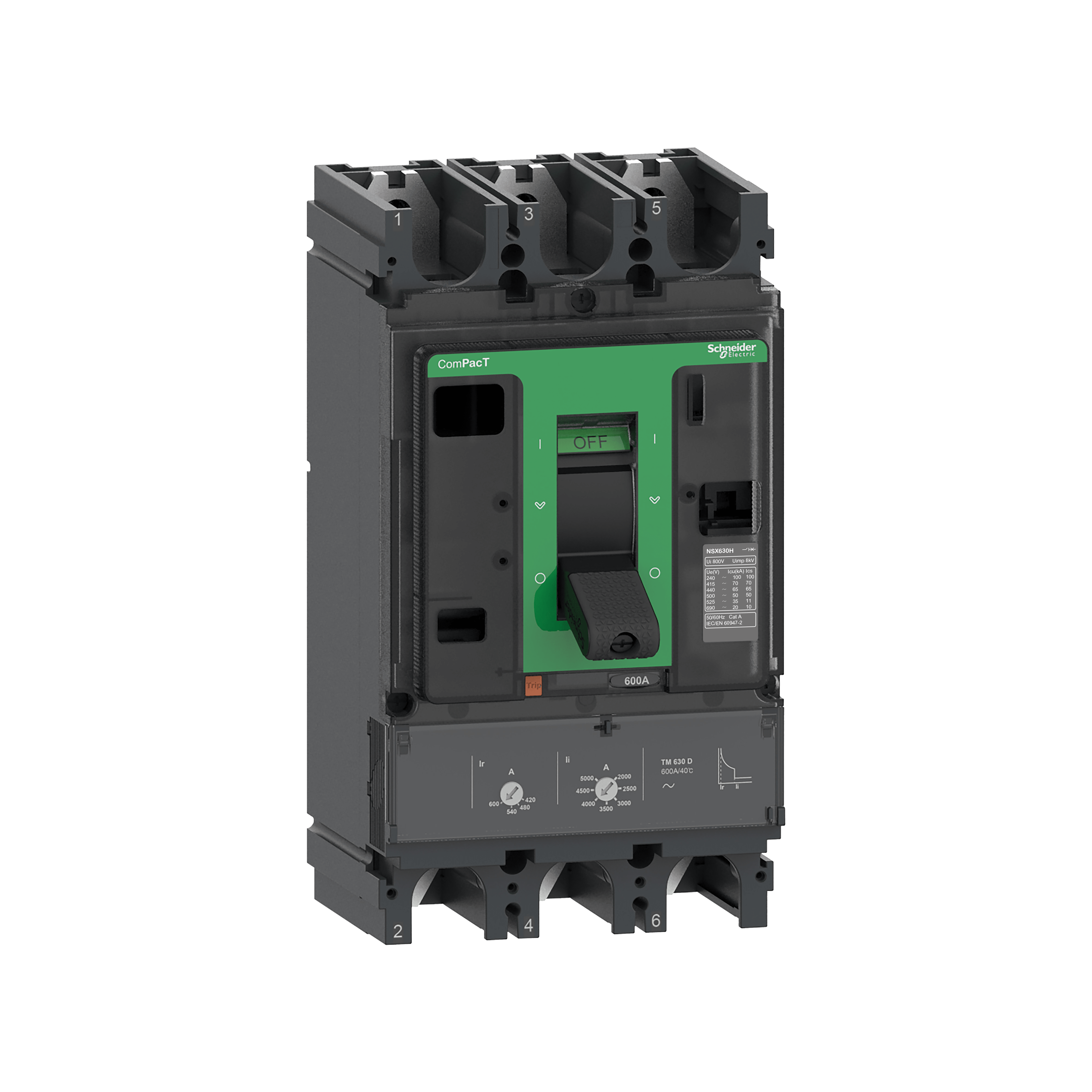 SCHNEIDER ELECTRIC - Interruttore automatico ComPacT NSX630H, 70 kA/415 V CA, 3 poli, unità di sgancio TMD 600 A