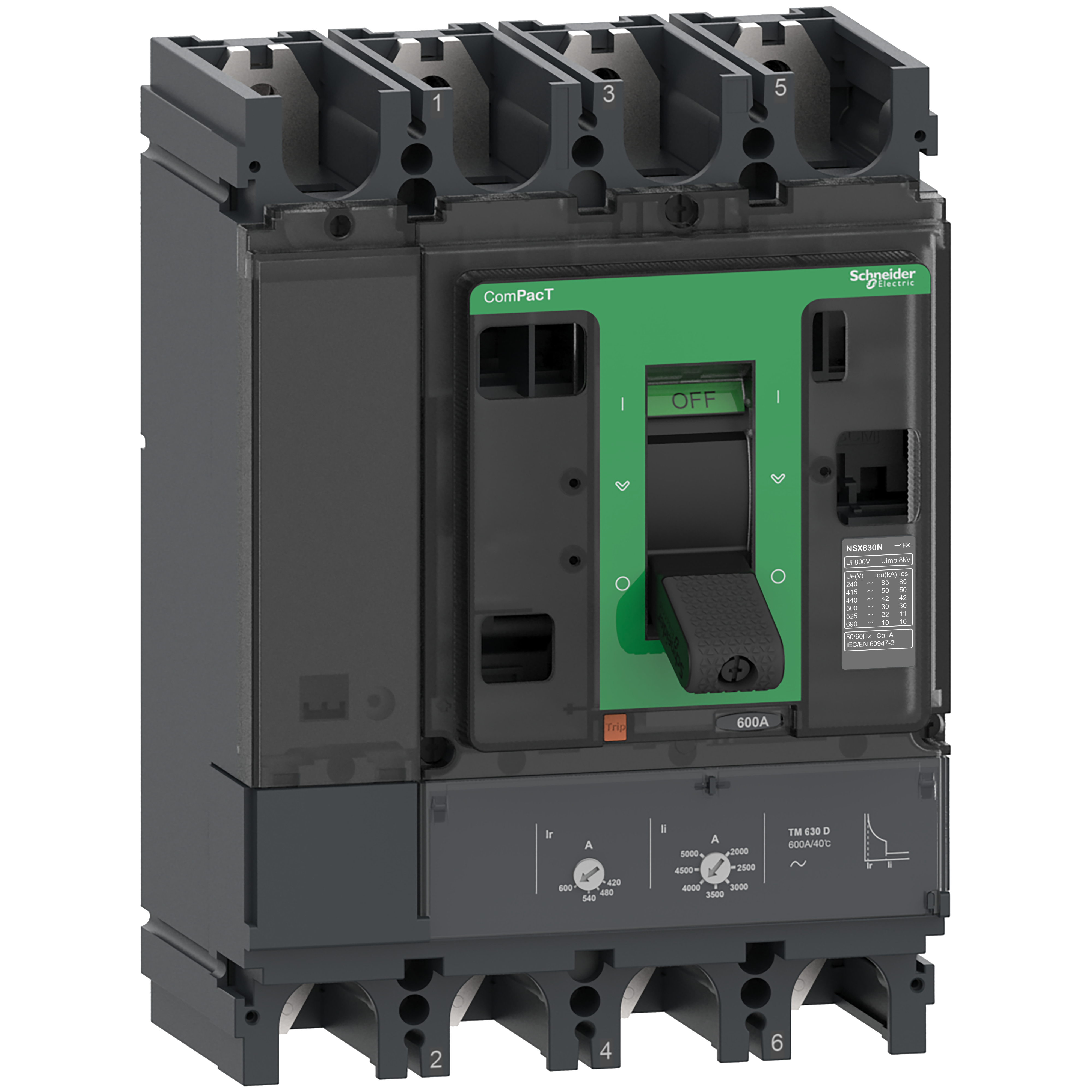 SCHNEIDER ELECTRIC - Interruttore automatico, ComPacT NSX630N, 50 kA/415 V CA, 4 poli, unità di sgancio TMD 600 A