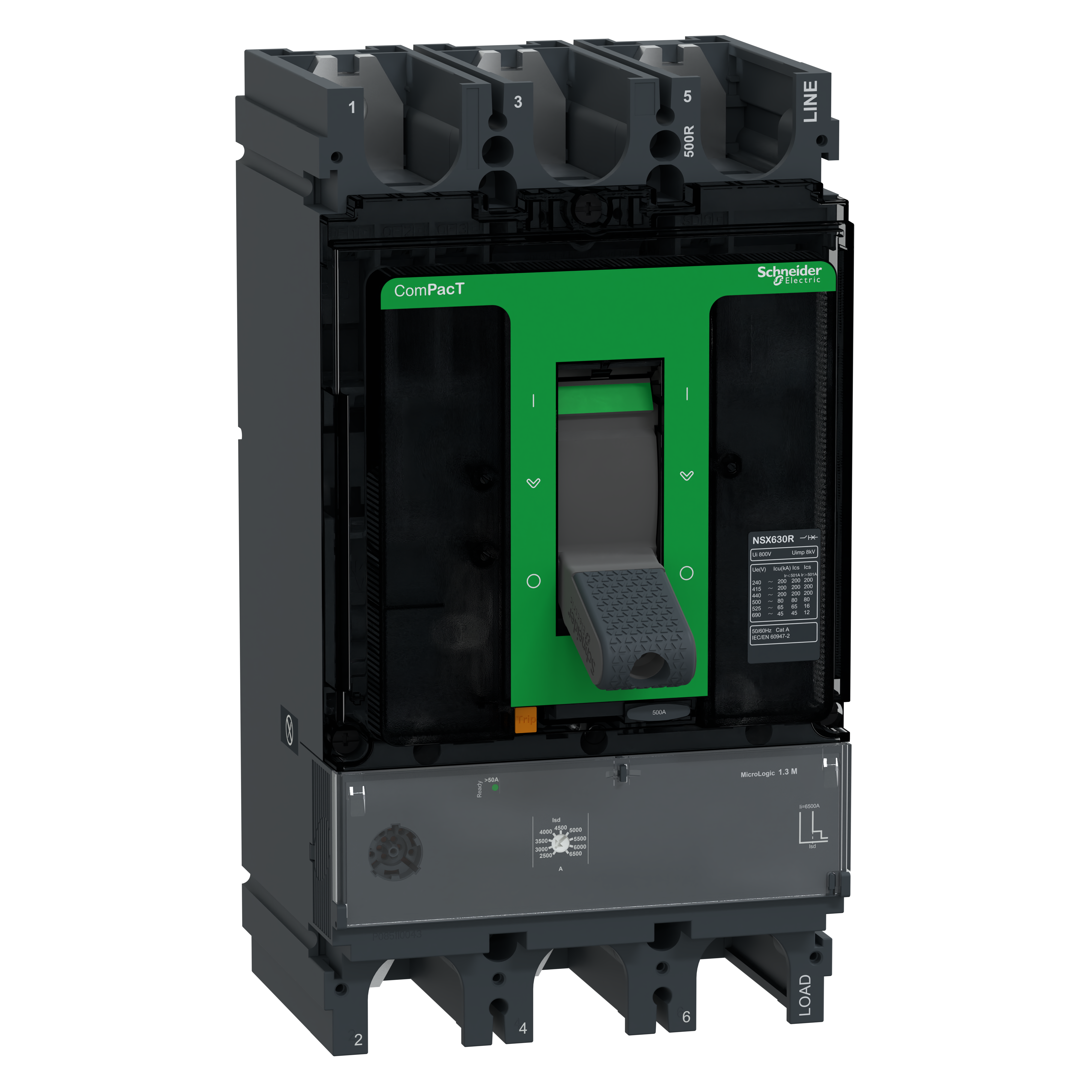 SCHNEIDER ELECTRIC - Interruttore, ComPact NSX630R, 200kA/415VAC, 3 poli, Sganciatore MicroLogic 1,3M 500A