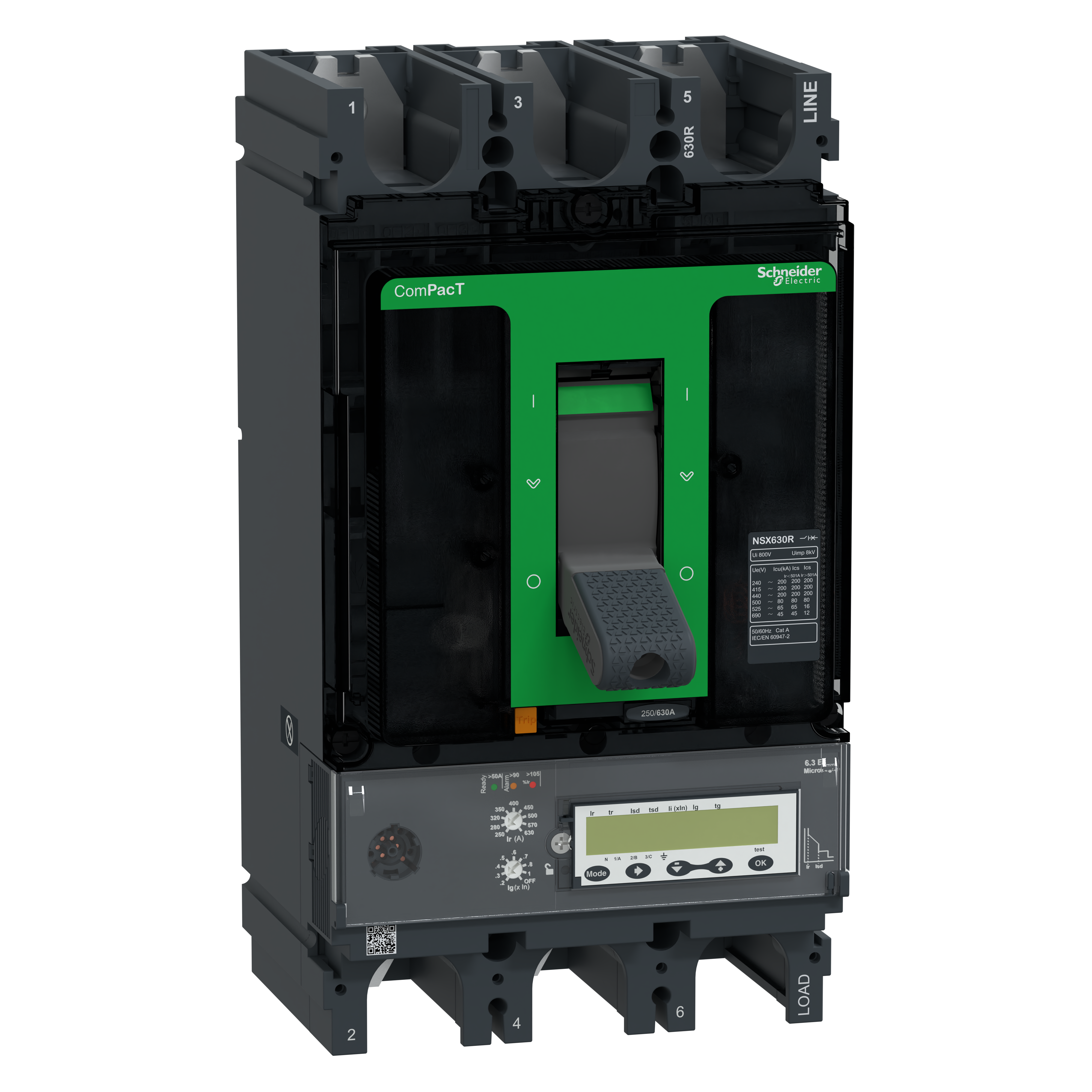 SCHNEIDER ELECTRIC - Interruttore, ComPacT NSX630R, 200kA/415VAC, 3 poli, Sganciatore MicroLogic 6.3E 630A