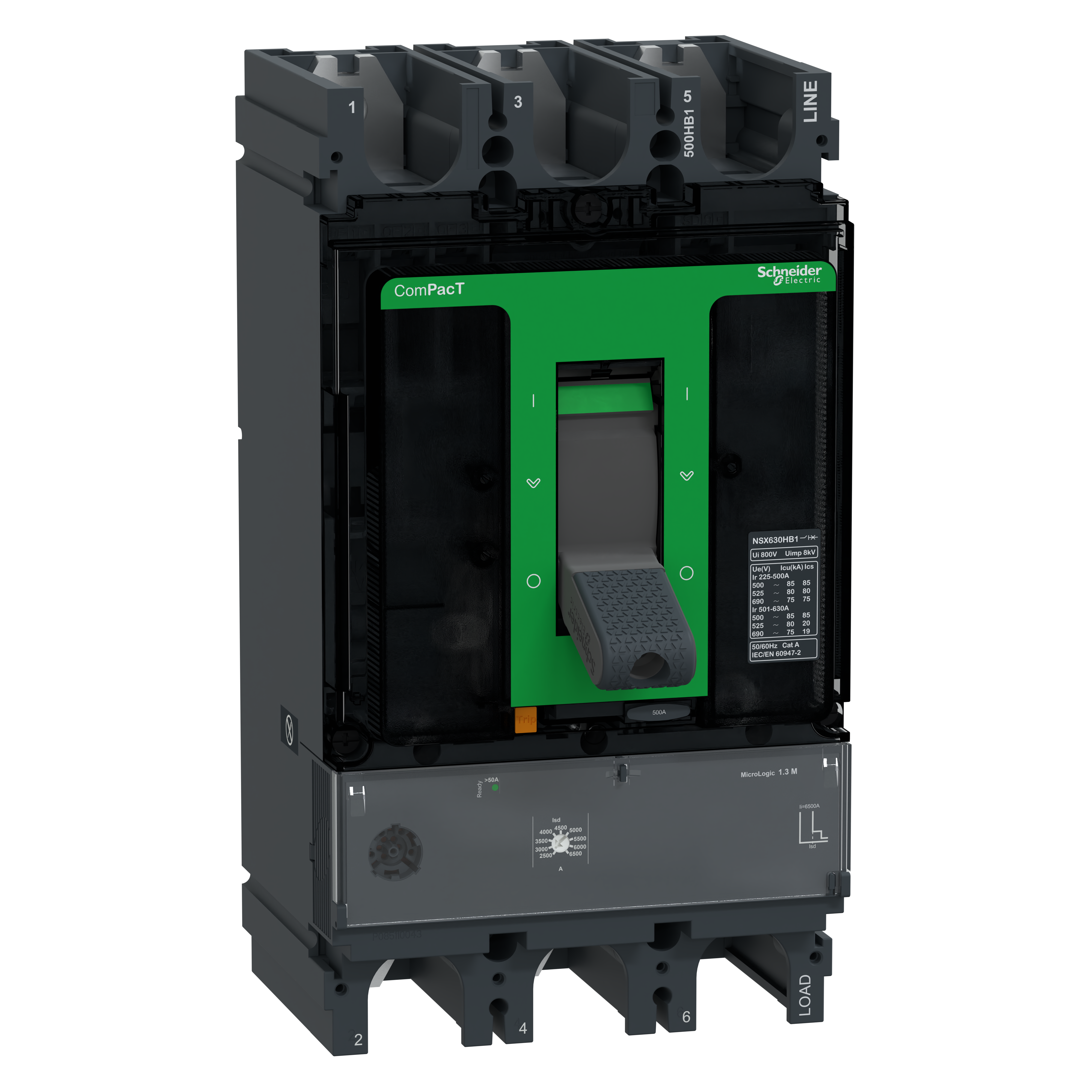 SCHNEIDER ELECTRIC - Interruttore, ComPact NSX630HB1, 75kA/690VAC, 3 poli, Sganciatore MicroLogic 1,3M 500A