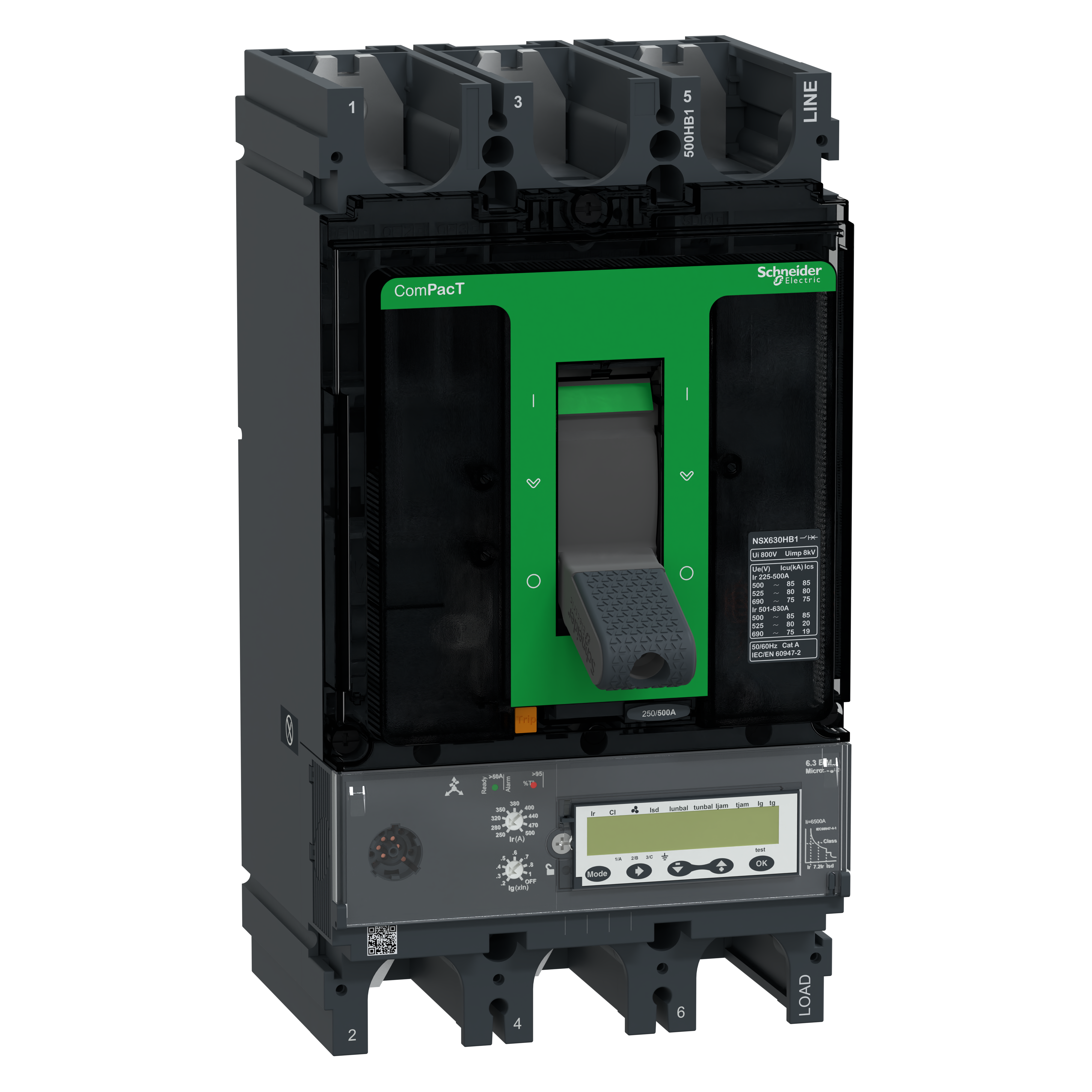 SCHNEIDER ELECTRIC - Interruttore, ComPacT NSX630HB1, 75kA/690VAC, 3 poli, Sganciatore MicroLogic 6.3E-M 500A