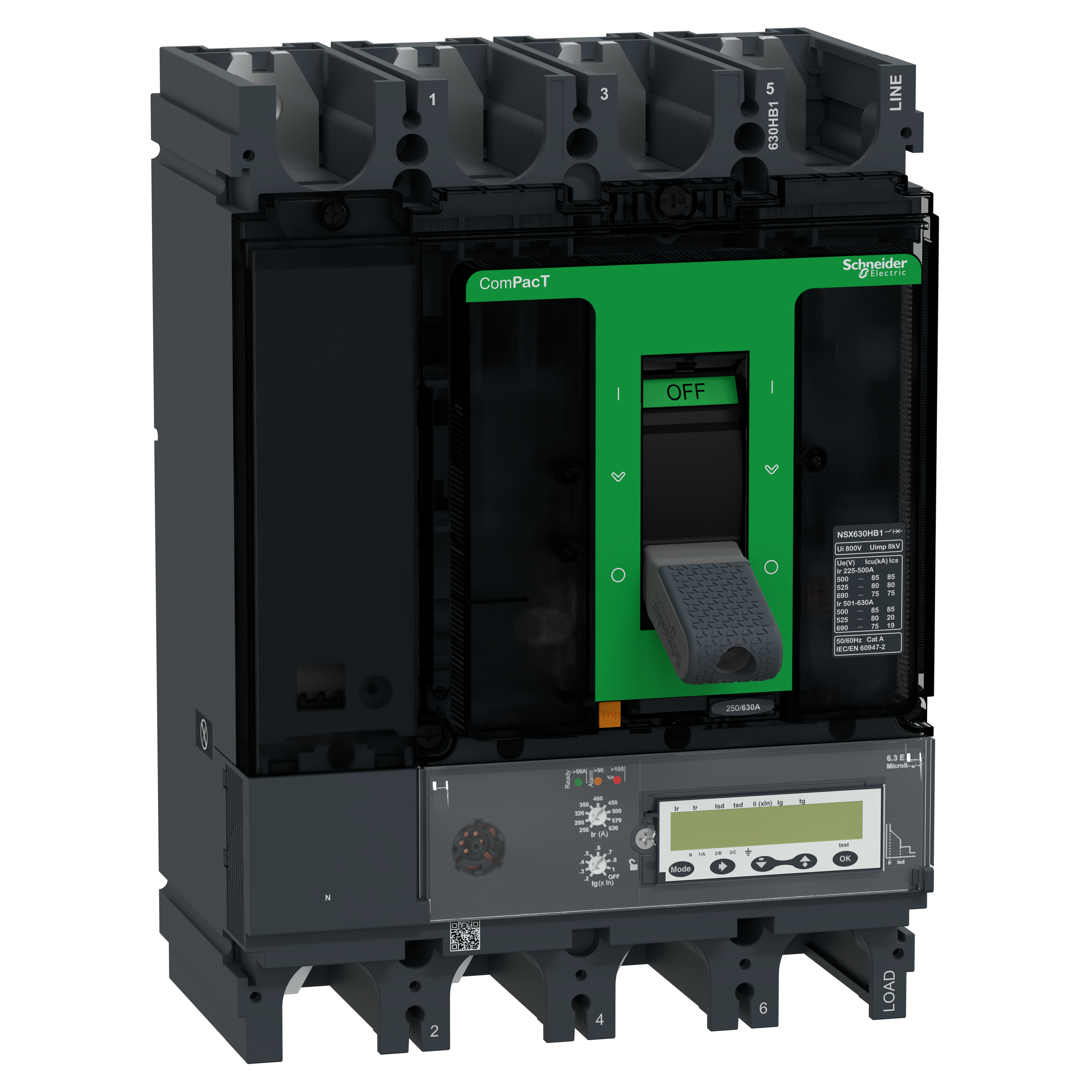 SCHNEIDER ELECTRIC - Interruttore, ComPacT NSX630HB1, 75kA/690VAC, 4 poli, Sganciatore MicroLogic 6.3E 630A