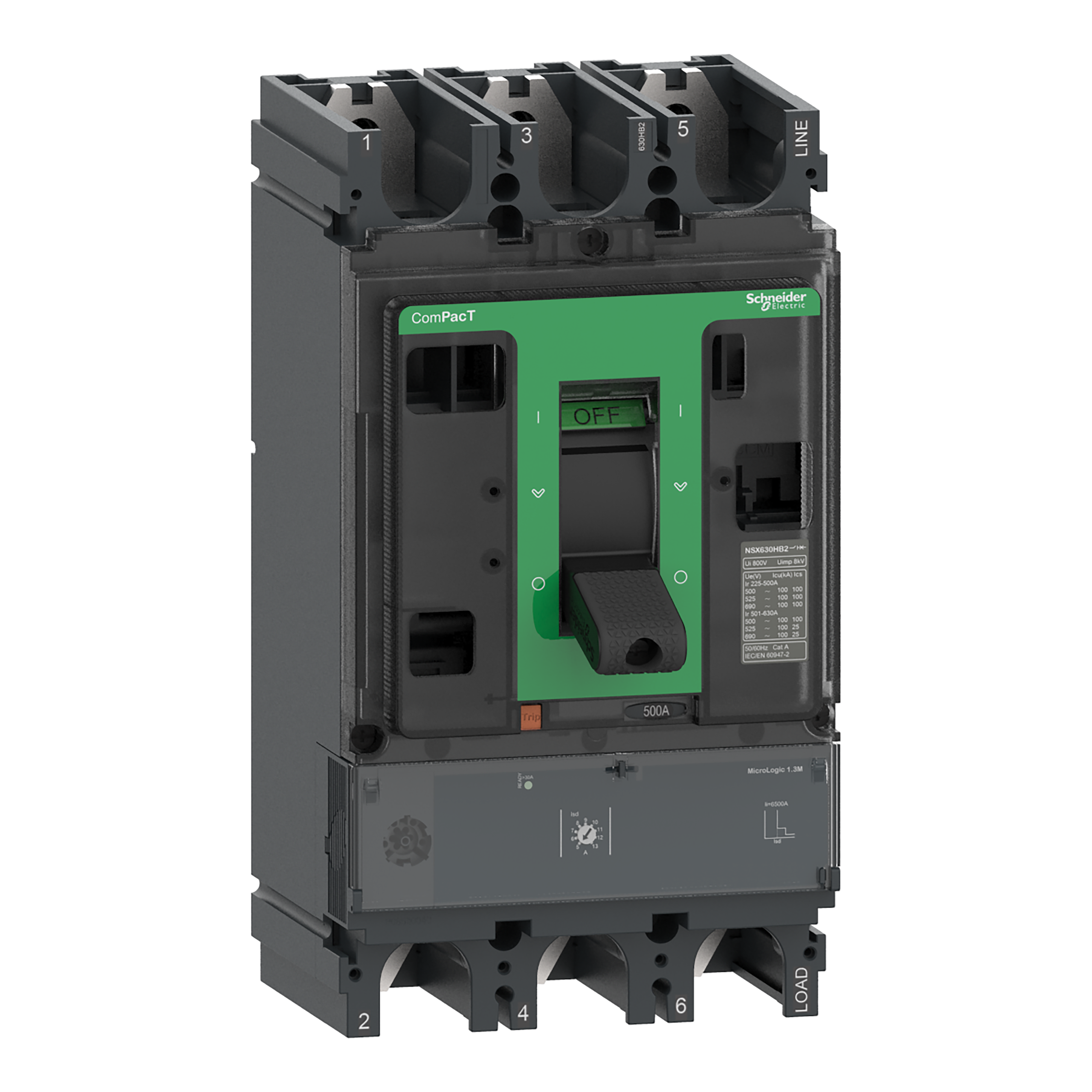 SCHNEIDER ELECTRIC - Interruttore, ComPact NSX630HB2, 100kA/690VAC, 3 poli, Sganciatore MicroLogic 1,3M 500A