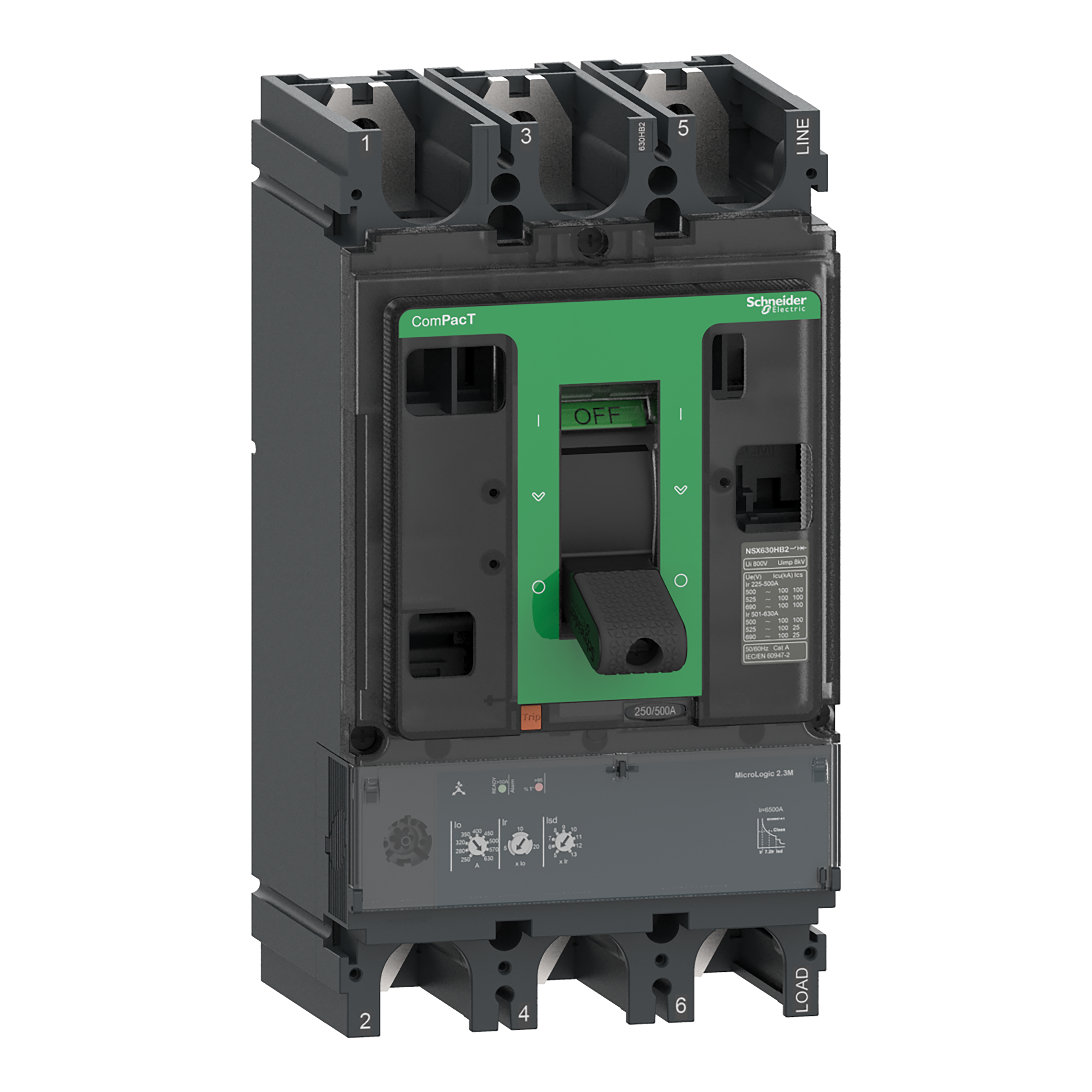 SCHNEIDER ELECTRIC - Interruttore, ComPact NSX630HB2, 100kA/690VAC, 3 poli, Sganciatore MicroLogic 2,3M 500A