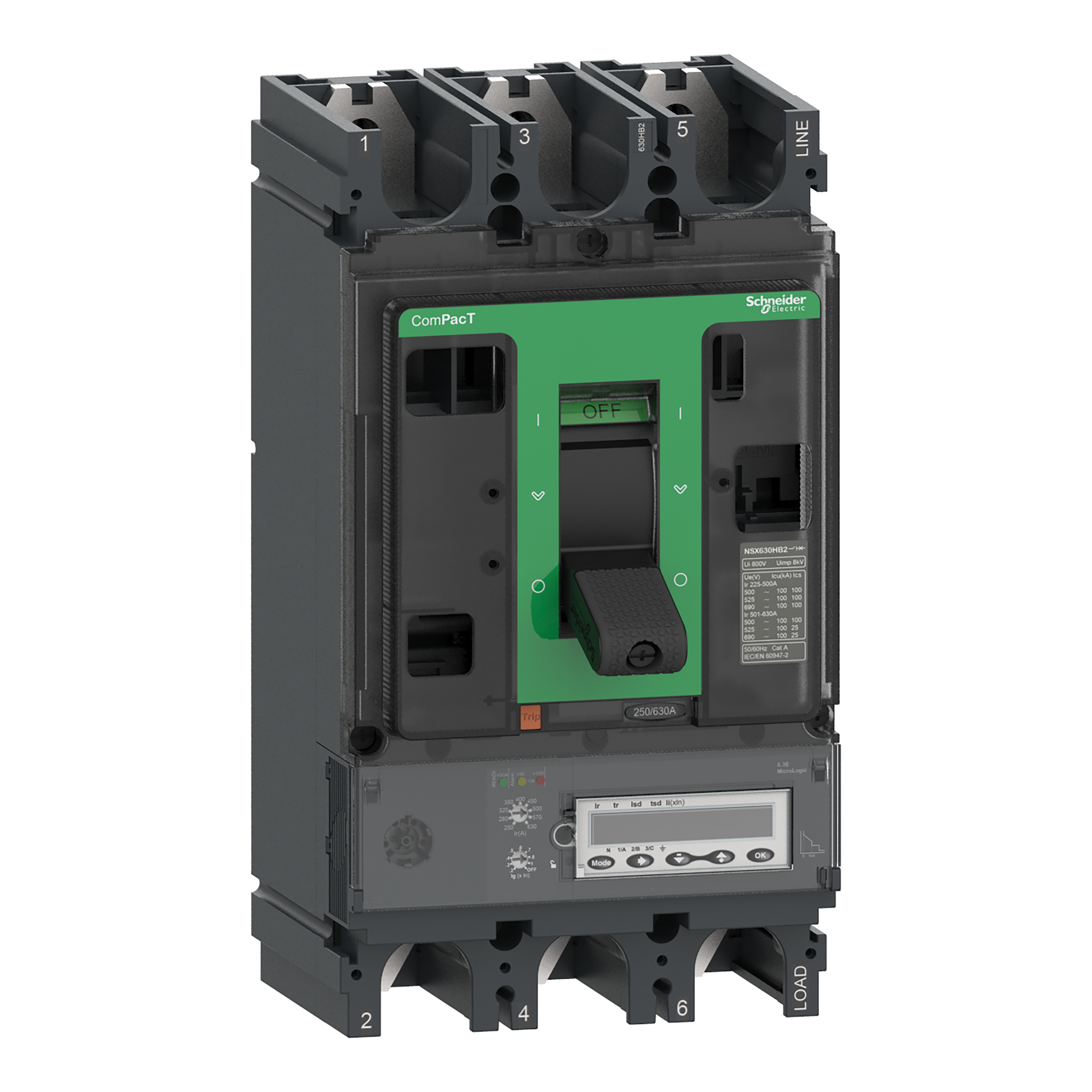 SCHNEIDER ELECTRIC - Interruttore, ComPacT NSX630HB2, 100kA/690VAC, 3 poli, Sganciatore MicroLogic 6.3E 630A