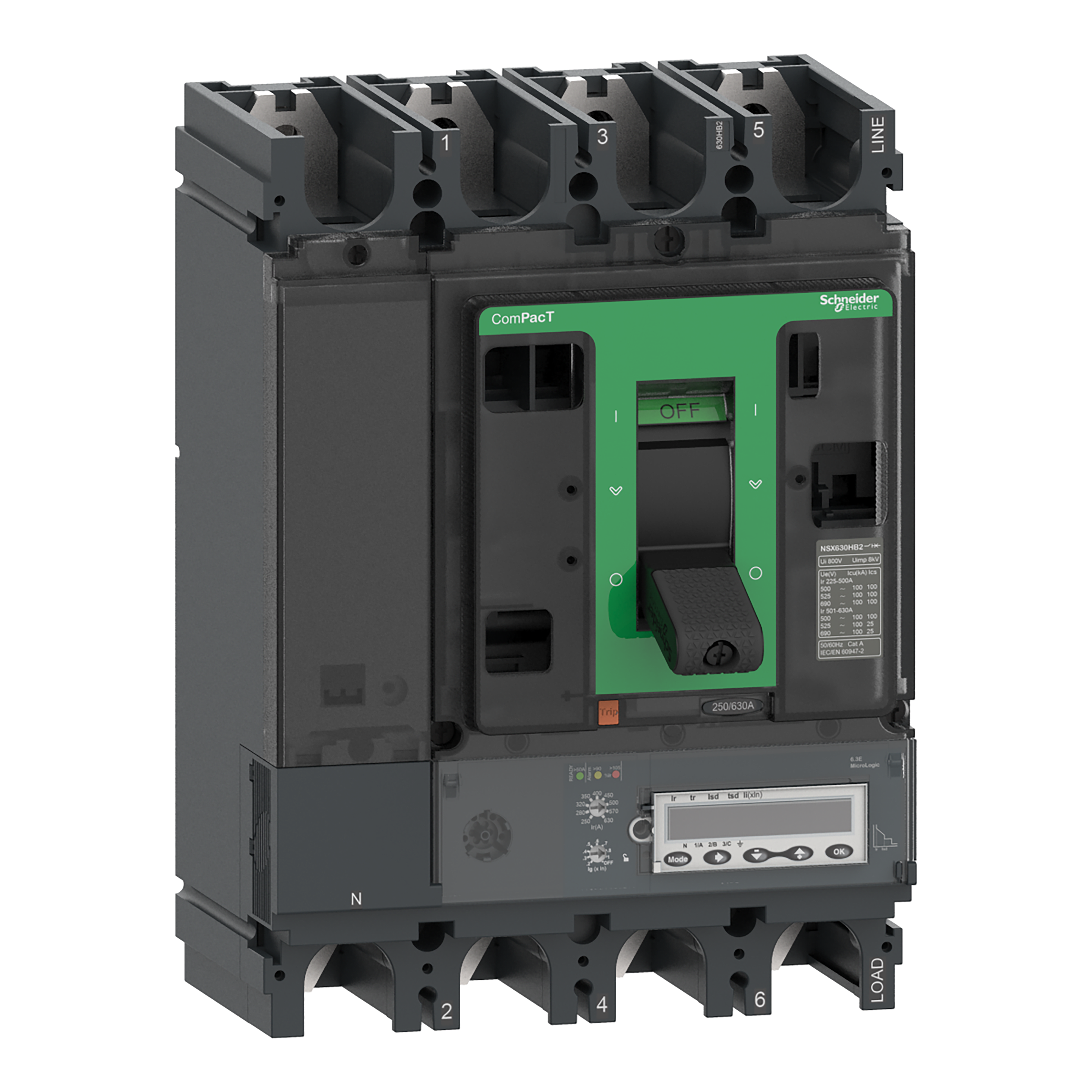 SCHNEIDER ELECTRIC - Interruttore, ComPacT NSX630HB2, 100kA/690VAC, 4 poli, Sganciatore MicroLogic 6.3E 630A