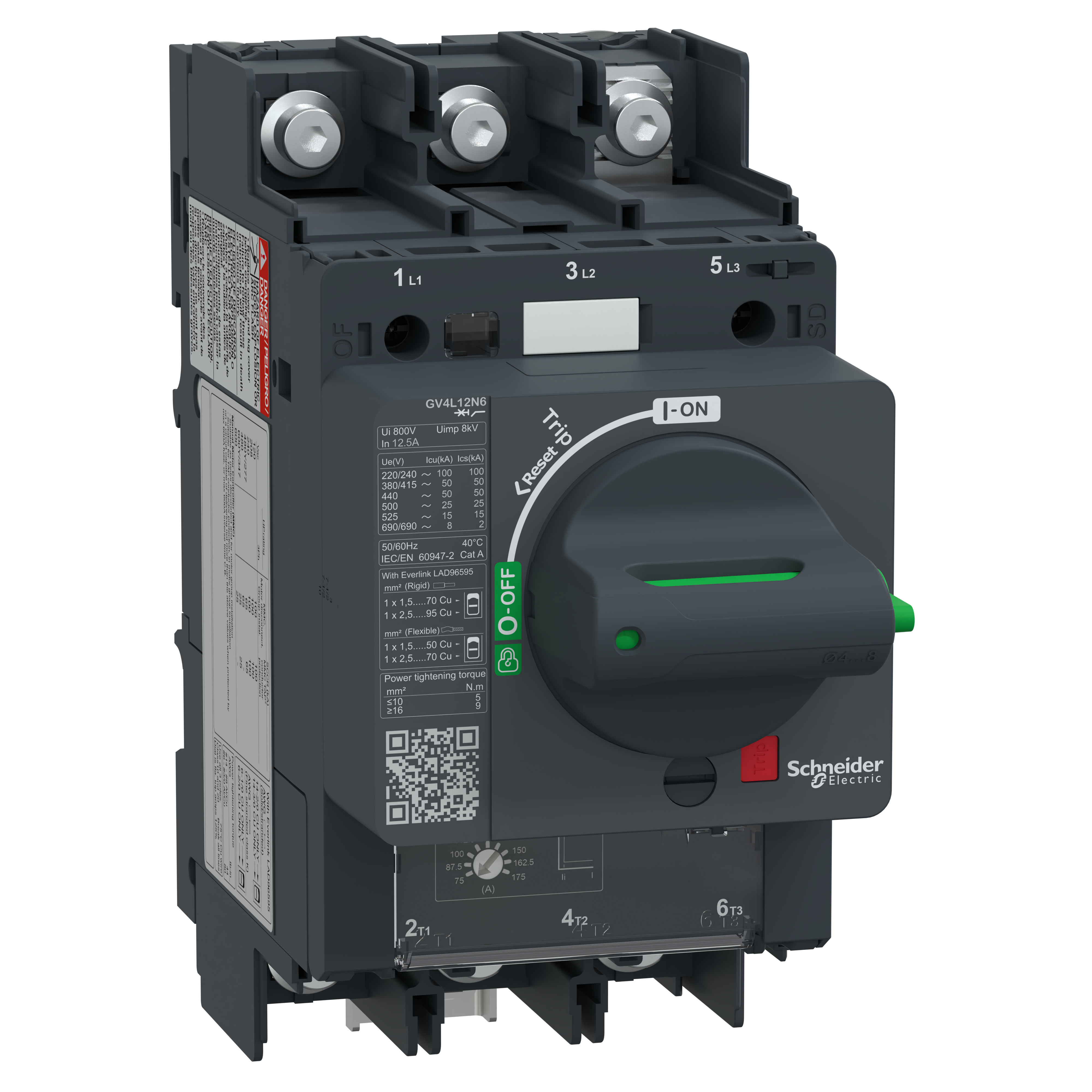 SCHNEIDER ELECTRIC - Interruttore automatico magnetico manovra rotativa, TeSys, GV4L, 5A Icu 50kA dado