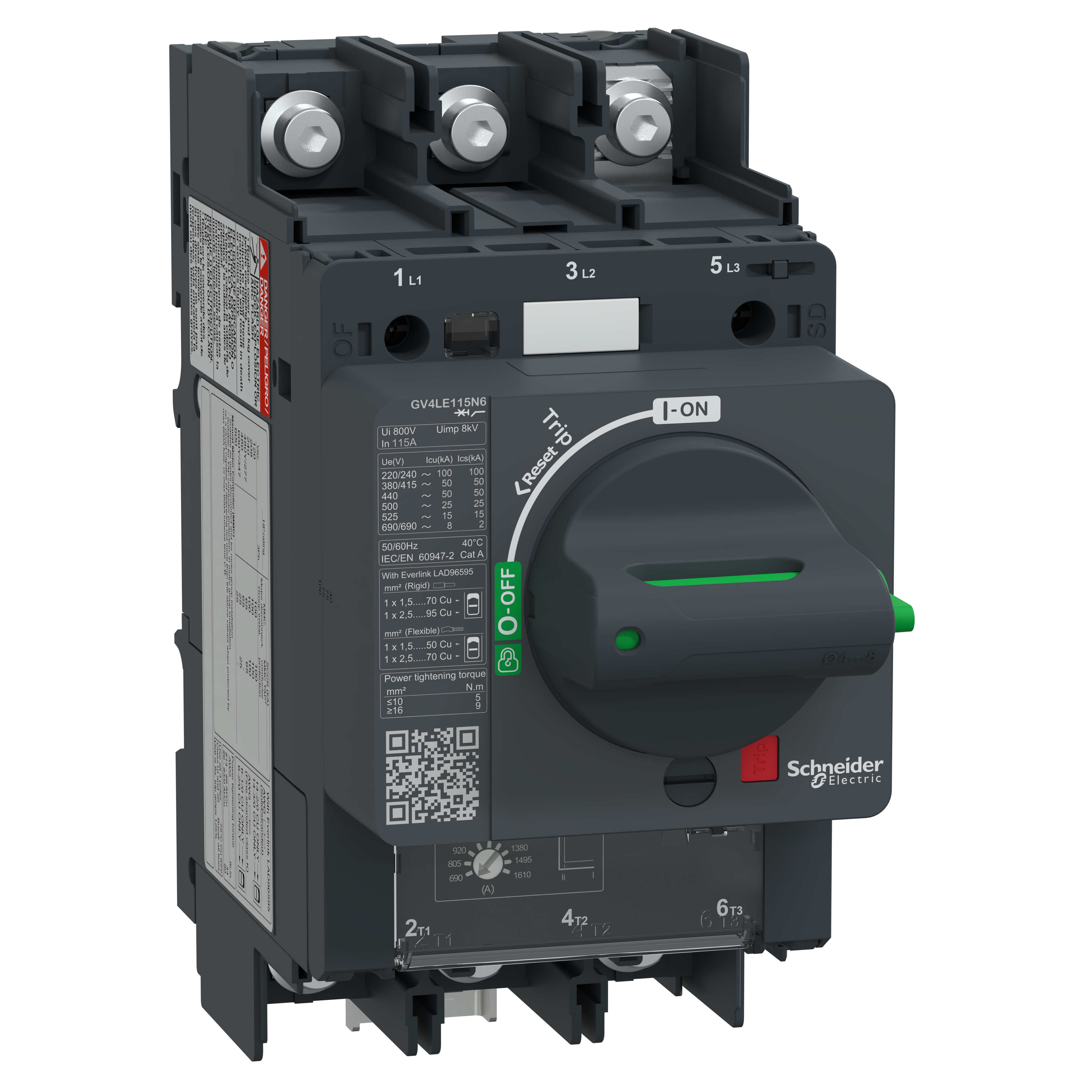 SCHNEIDER ELECTRIC - Interruttore automatico magnetico elettronico a leva, TeSys, GV4LE, 115A Icu 50kA dado