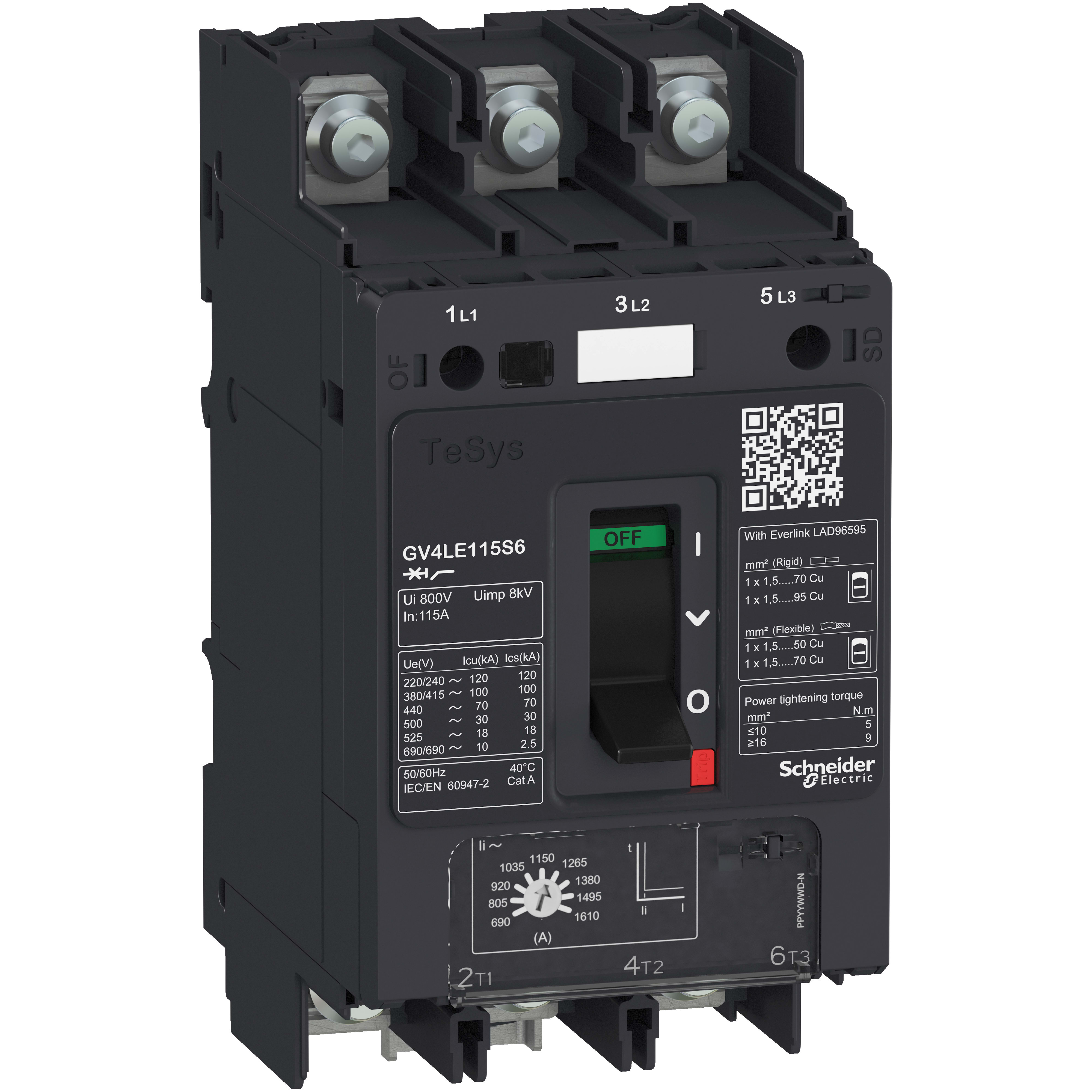SCHNEIDER ELECTRIC - Interruttore automatico magnetico elettronico a leva, TeSys, GV4LE, 50A Icu 50kA dado